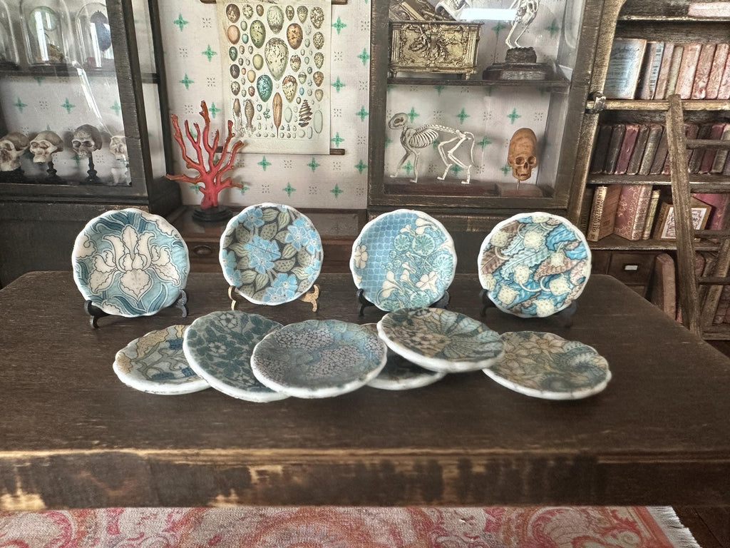 Ceramic Dollhouse 1:12 Scale Plates – 19th Century Eugène Grasset Art Blues & Yellows