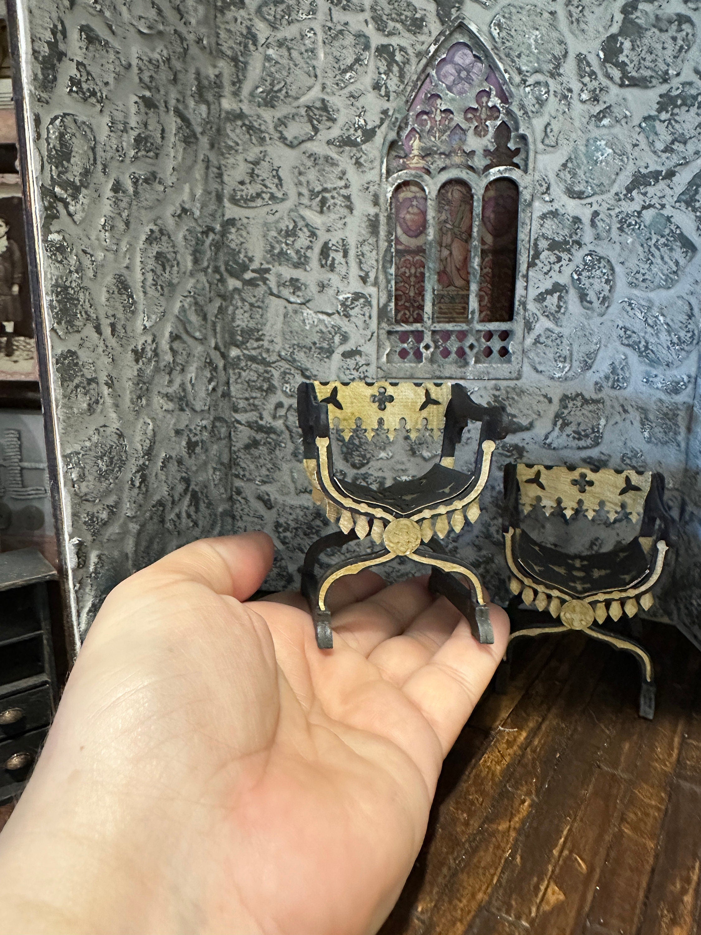 Handmade Dollhouse Miniature Gothic X-Chair – Medieval Curule Seat