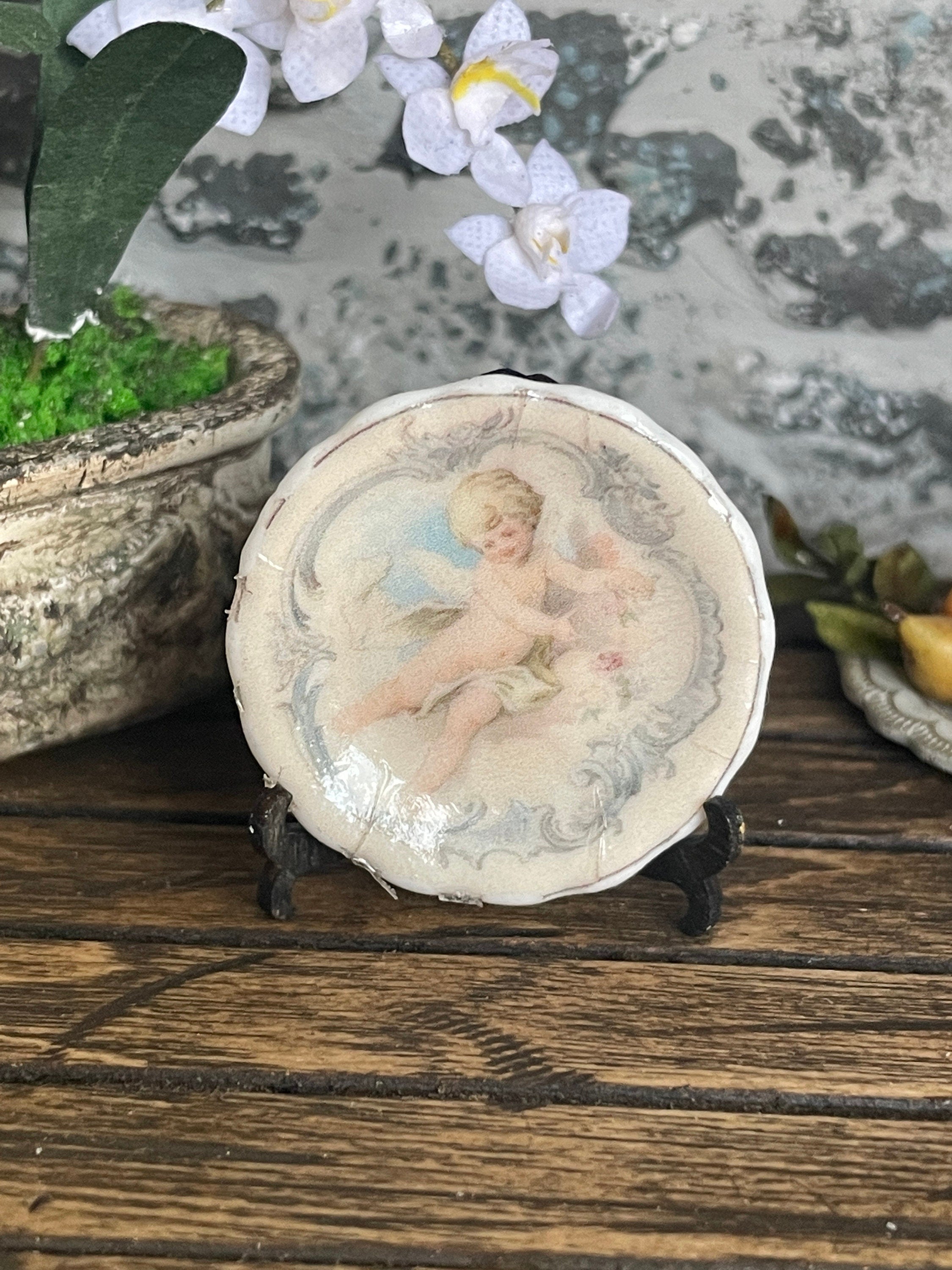Hand Created Ceramic Dollhouse 1:12 Scale Plates – Set of Four Romantic Belle Époque Cherubs
