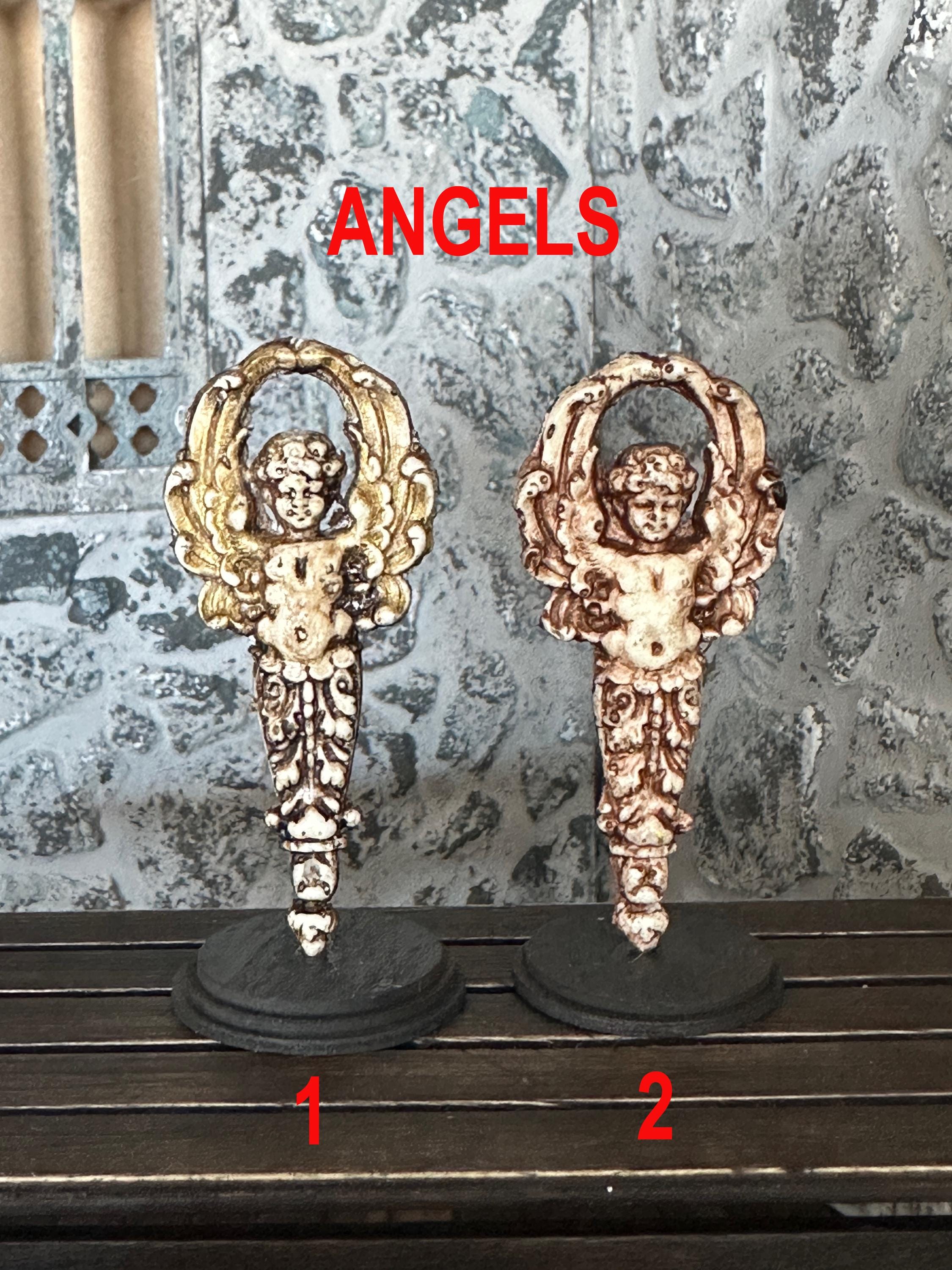 Handmade Miniature Gilded Angel Statue – Aged Religious Art on Stand