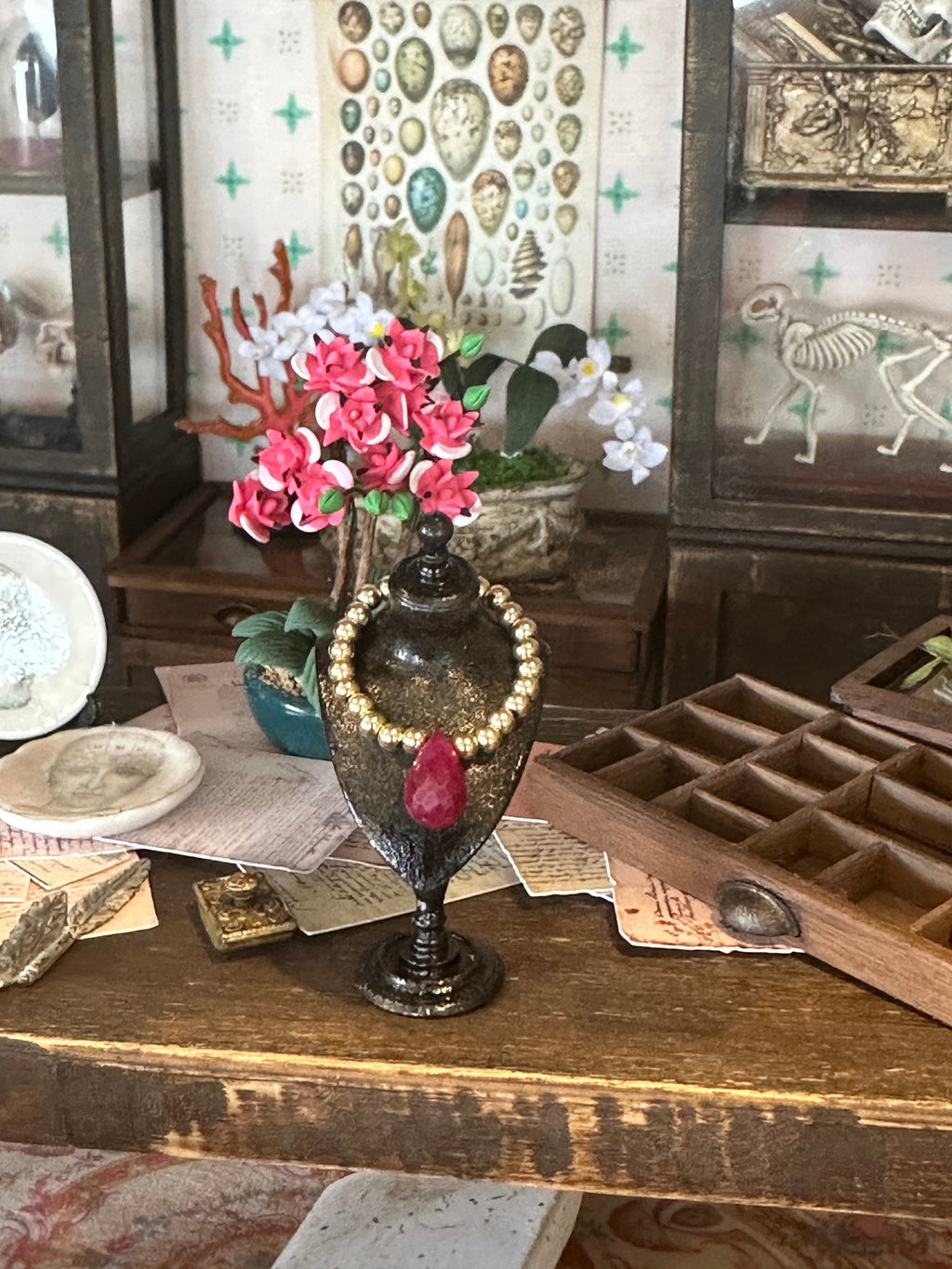 Handmade Miniature Dollhouse Necklace – Gold-Filled Beads & Real Ruby Drop