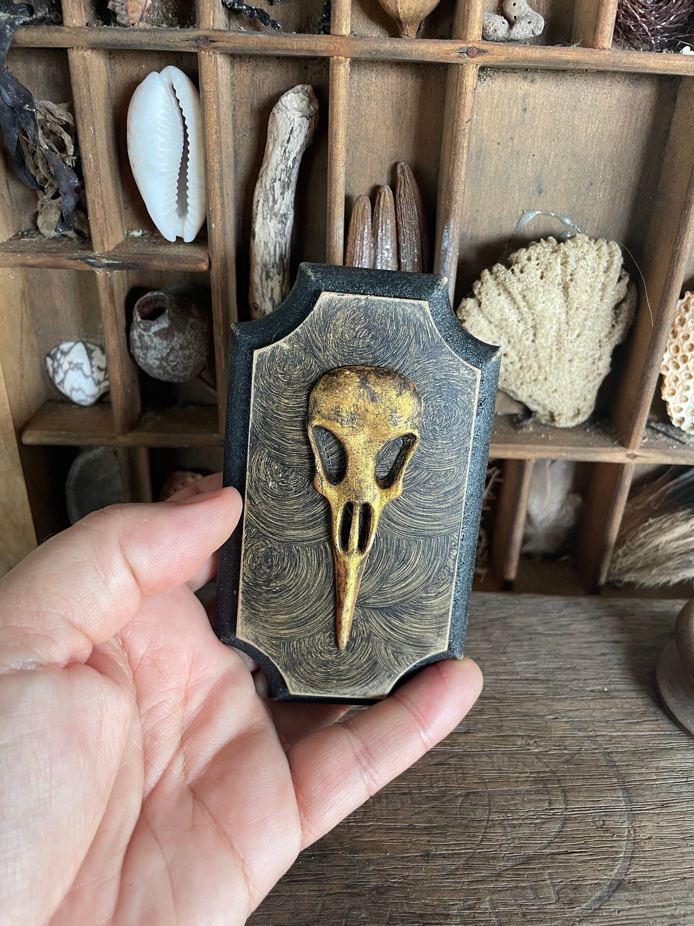 Handmade Miniature Bird Skull Wall Plaque – Aged Gilded Faux Taxidermy