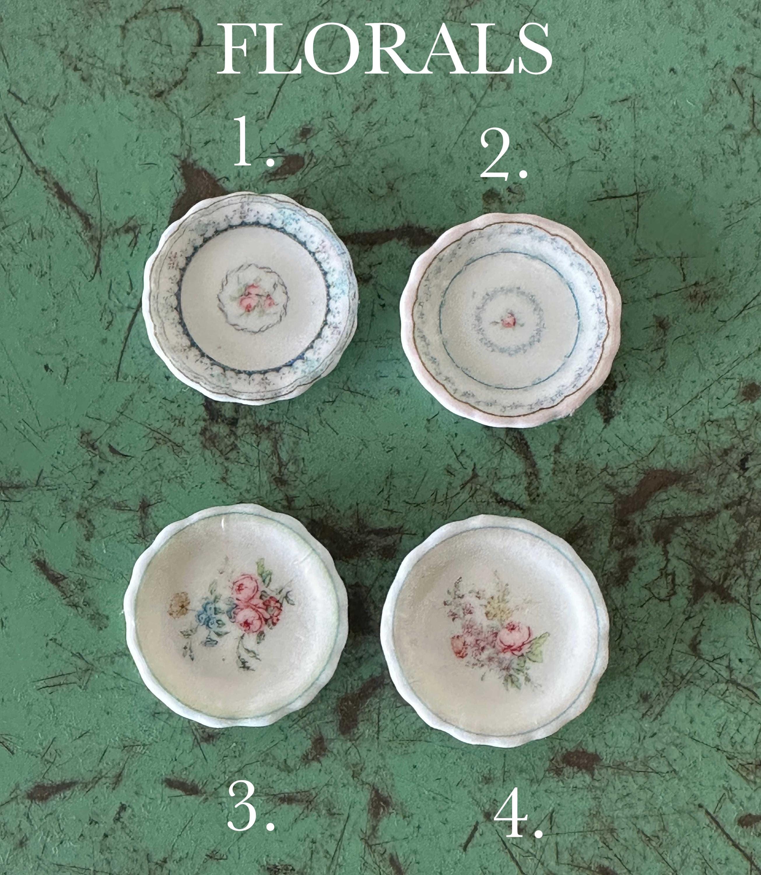 Ceramic Dollhouse 1:12 Scale Plates – 18th Century Marie Antoinette Trianon Floral Miniatures
