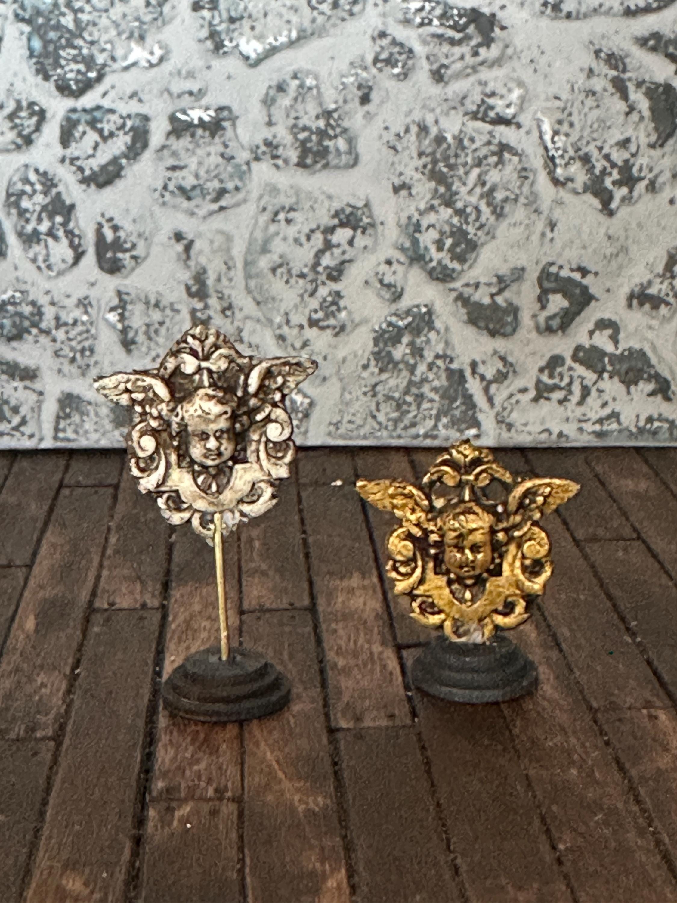 Handmade Miniature Angel Reliquaries – Aged Gilded or Stone Winged Ornaments (1:12 Scale)