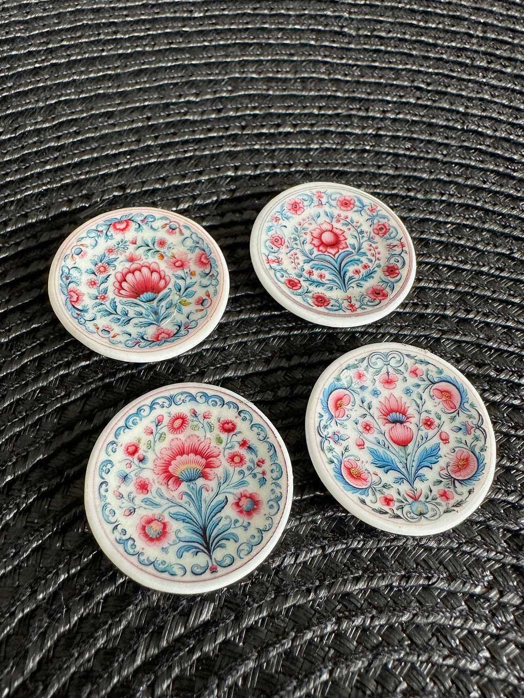 Ceramic Dollhouse 1:12 Scale Plates – Folk Art Pink & Blue Floral Set
