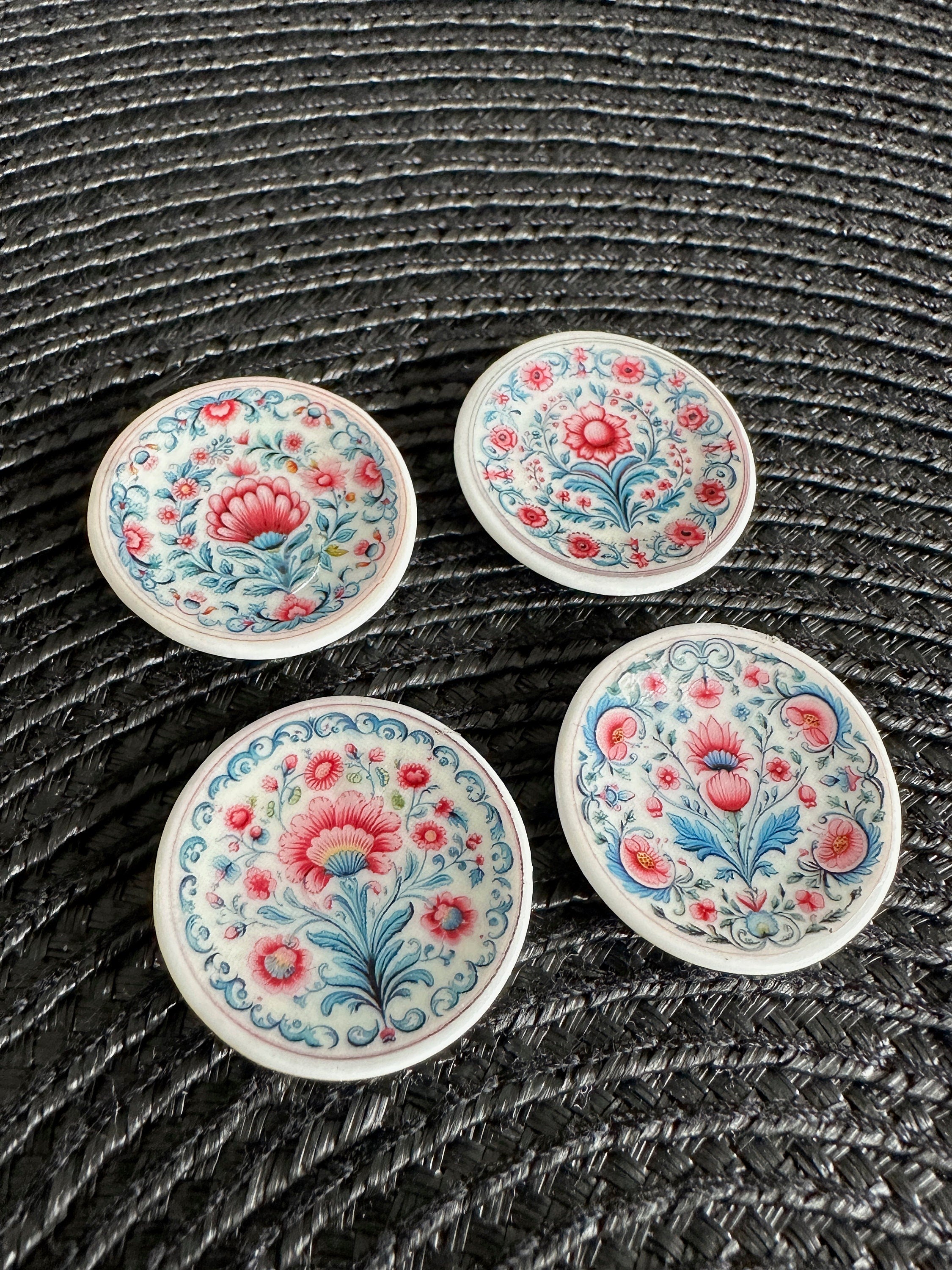 Ceramic Dollhouse 1:12 Scale Plates – Folk Art Pink & Blue Floral Set