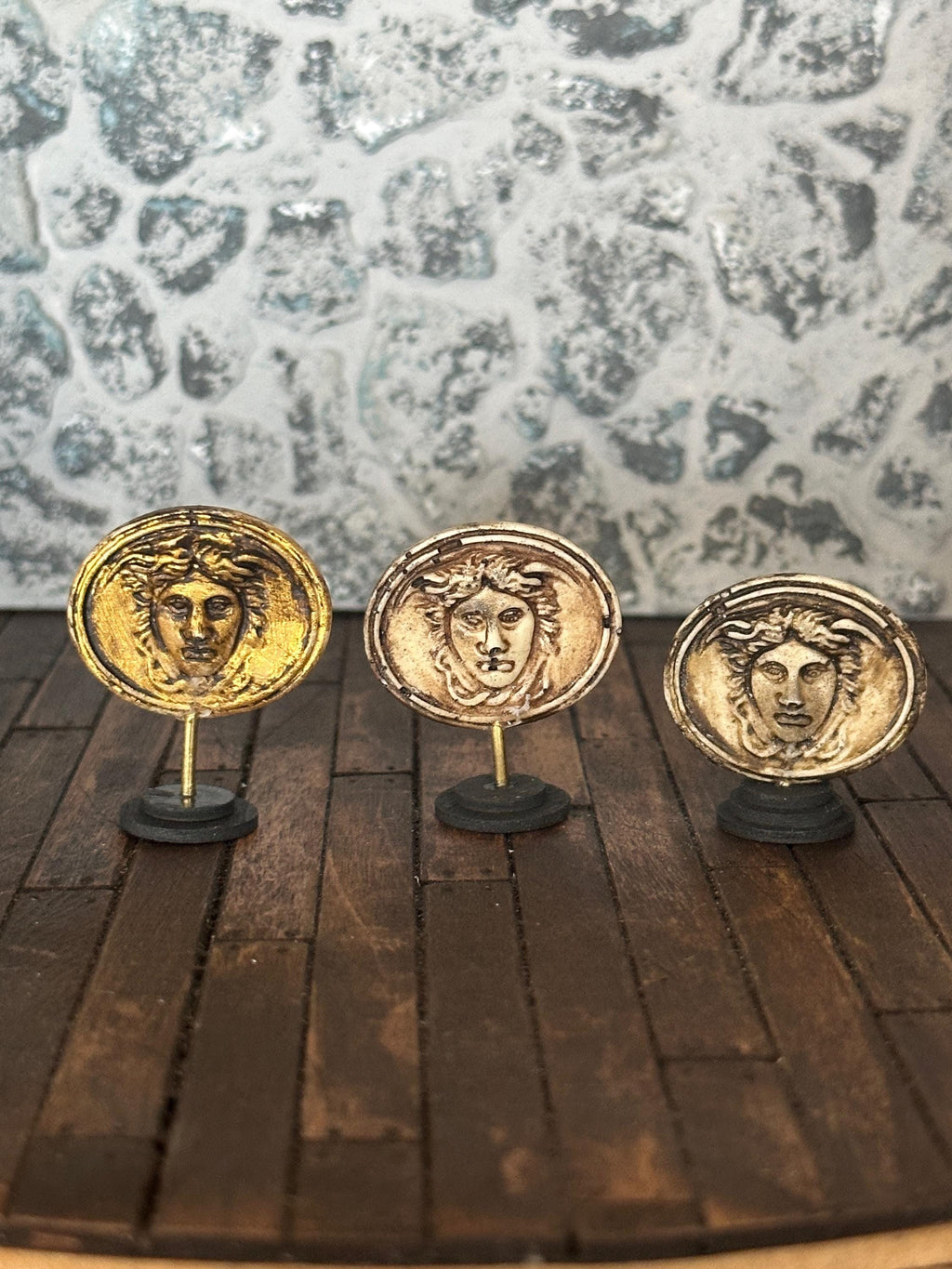 Handmade Doll House Miniature Art Collectors Statue Ornament Aged Grungy Gilded Medusa on Stand