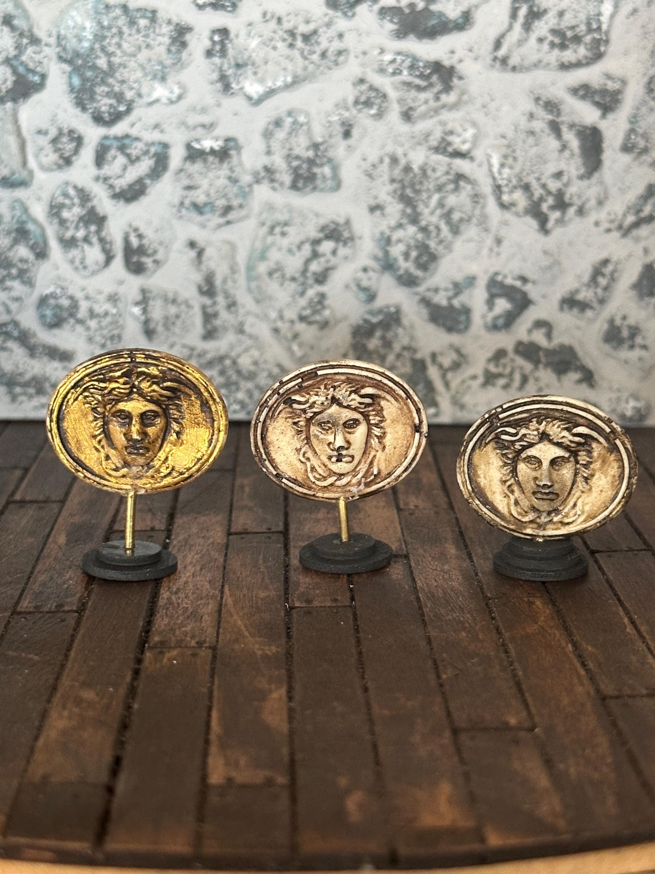 Handmade Doll House Miniature Art Collectors Statue Ornament Aged Grungy Gilded Medusa on Stand