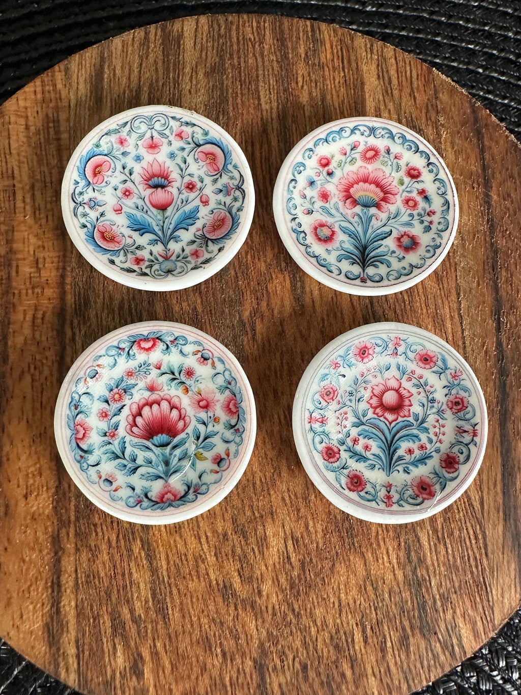 Ceramic Dollhouse 1:12 Scale Plates – Folk Art Pink & Blue Floral Set