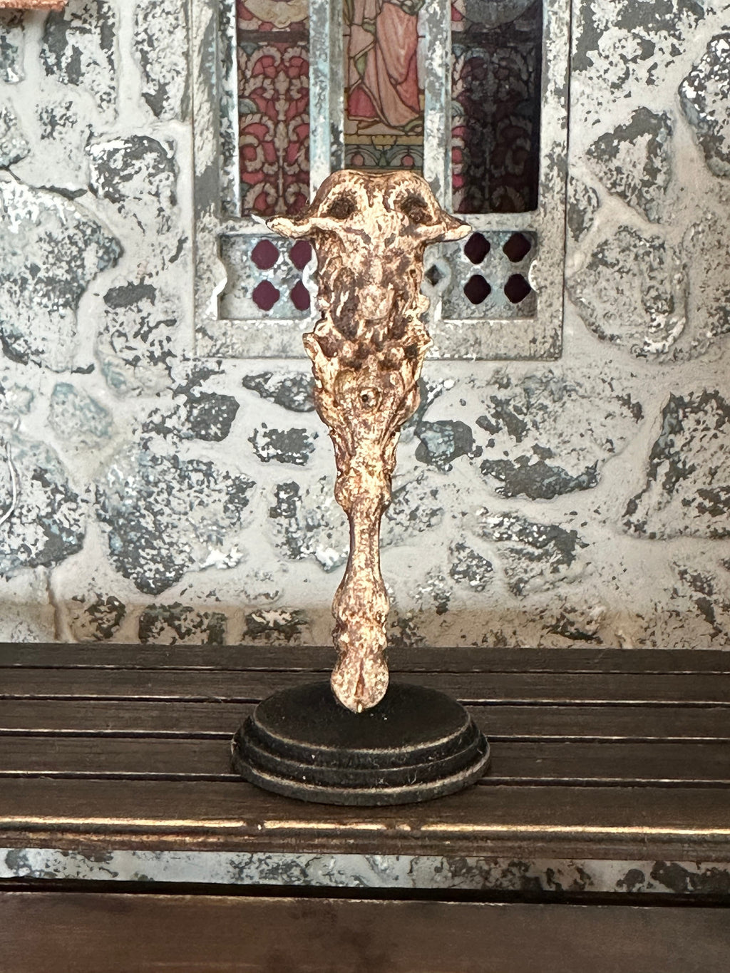 Handmade Miniature Horned Goat Statue – Aged Devil or Satyr Ornament on Stand