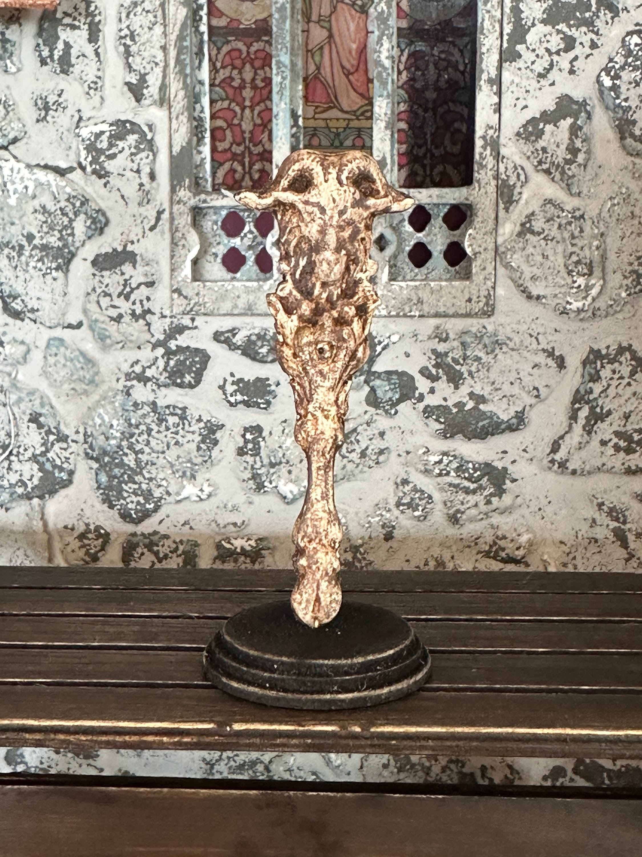 Handmade Miniature Horned Goat Statue – Aged Devil or Satyr Ornament on Stand