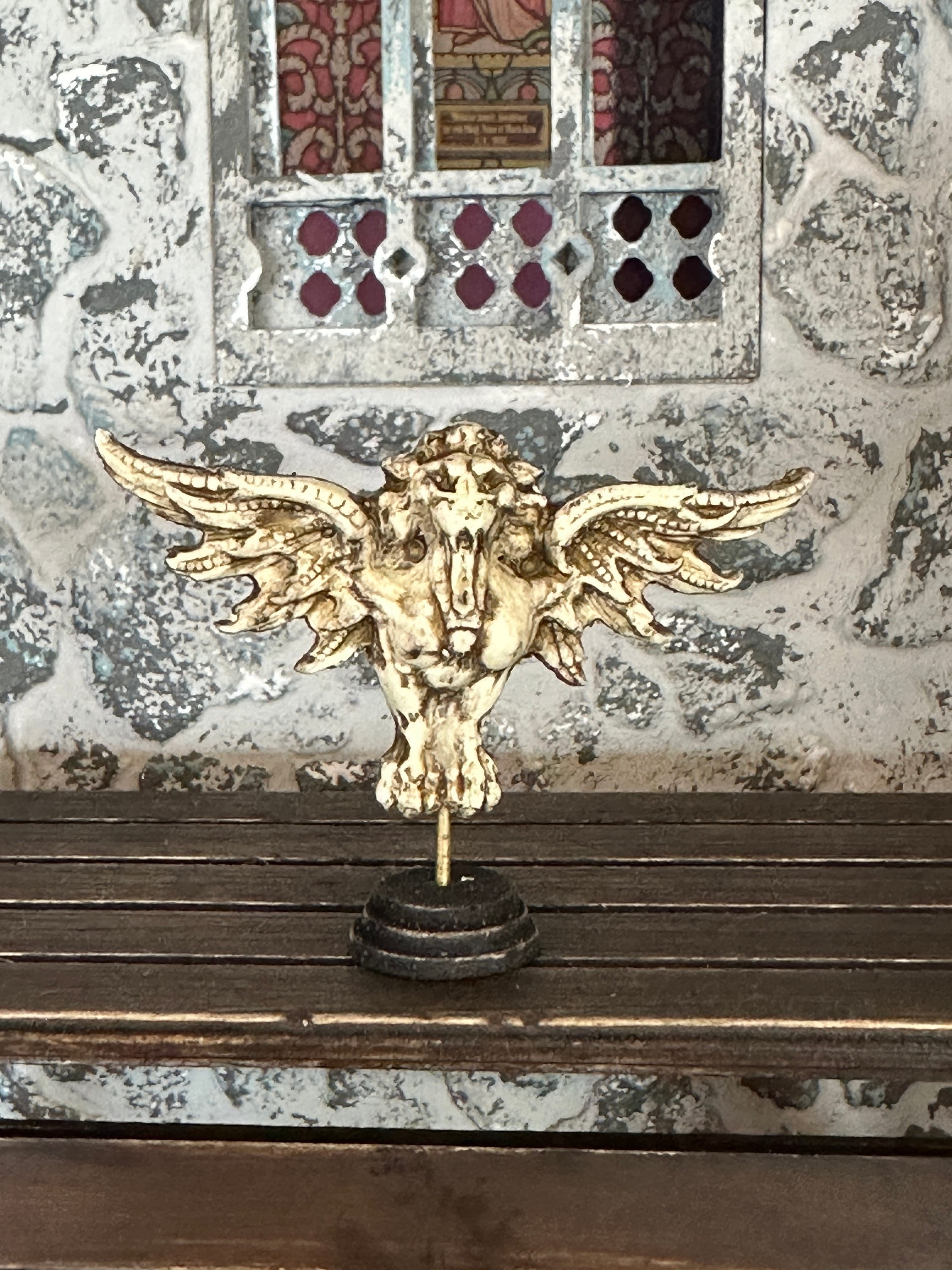 Handmade Dollhouse Miniature Griffin – Aged Winged Lion Statue on Stand