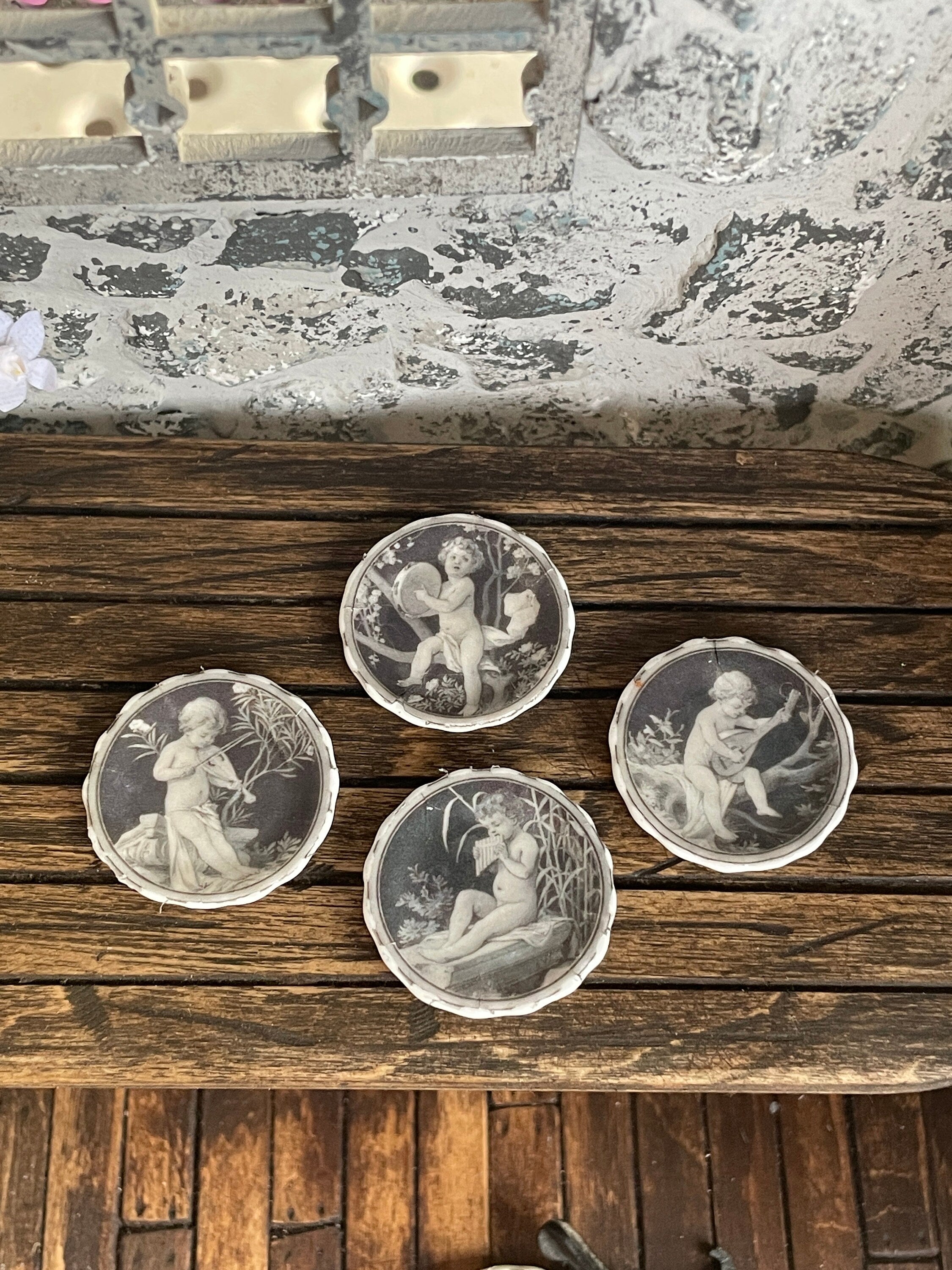 Ceramic Dollhouse 1:12 Scale Plates – Vintage Grisaille Cherubs & Putti Set of Four
