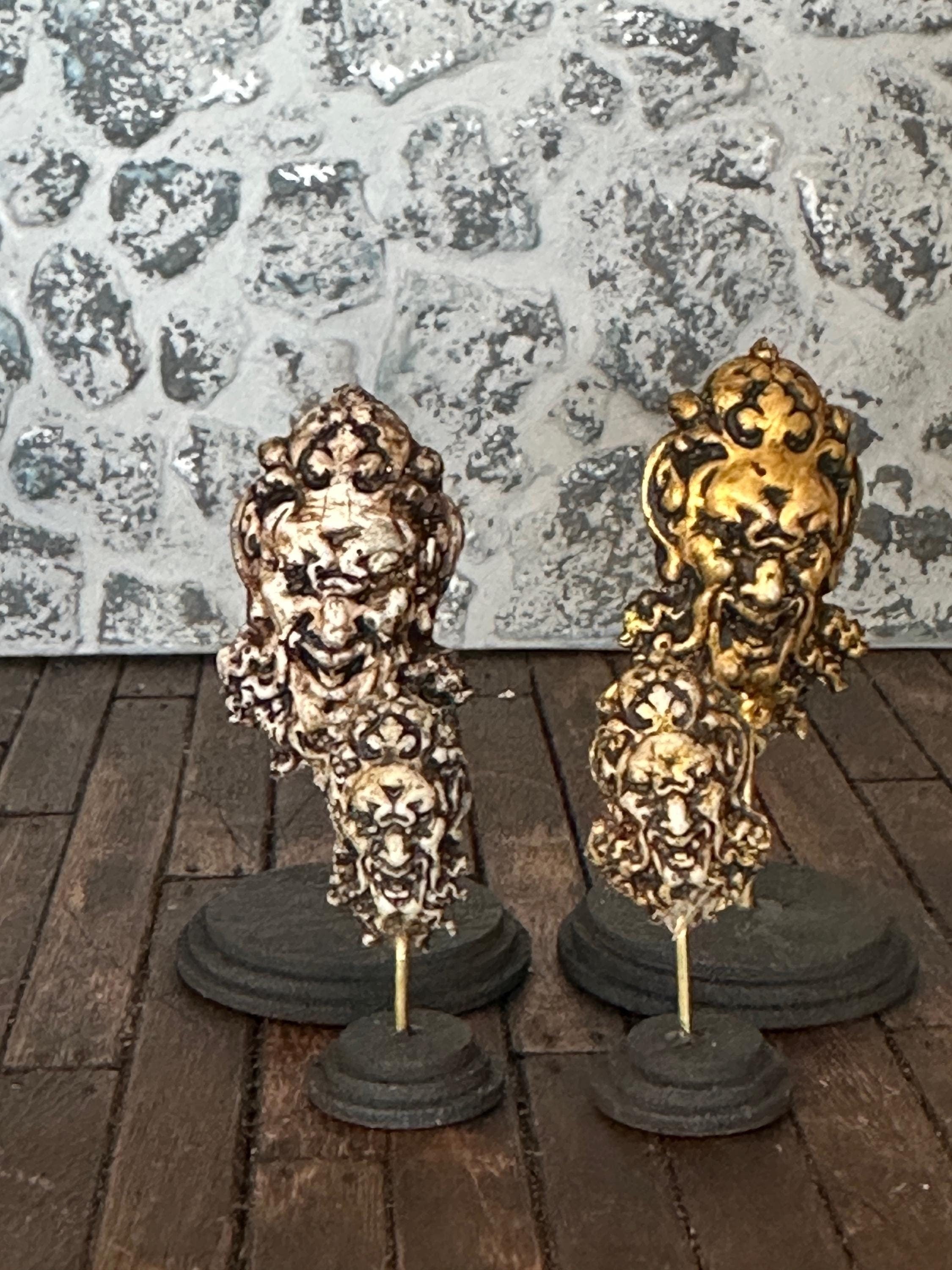 Handmade Doll House Miniature Art Collectors Statue Ornament Aged Grungy Green Man Nymph Devil on Stand Two Sizes Four