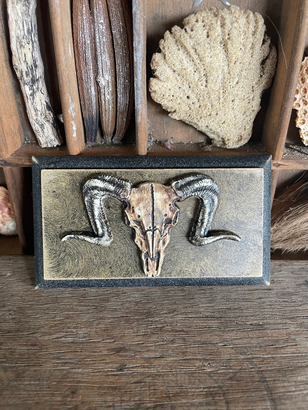 Handmade Miniature Ram’s Skull Wall Plaque – Aged Faux Stone Collectible