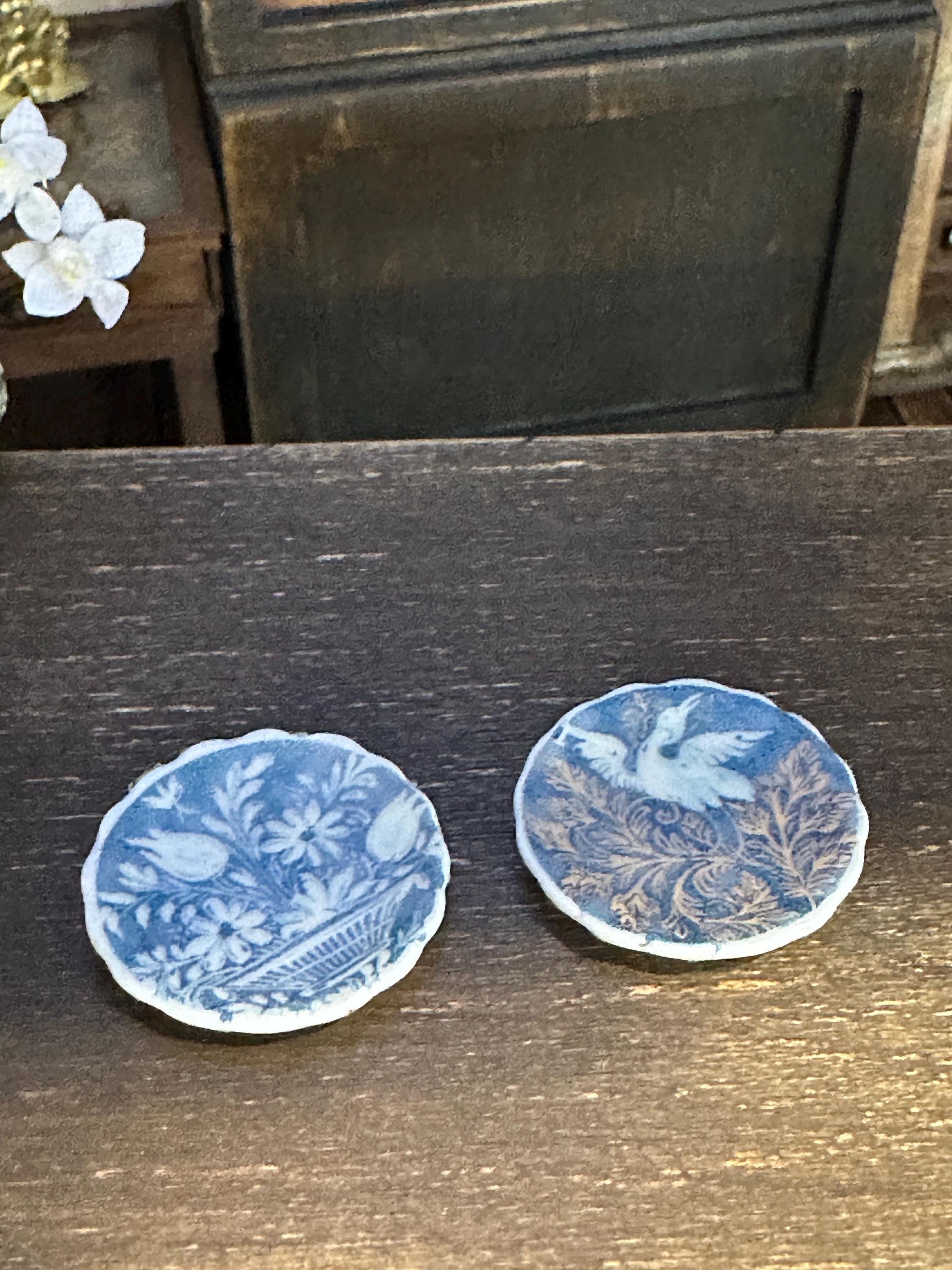 Ceramic Dollhouse 1:12 Scale Plates – Blue and White Folk Pattern Miniatures