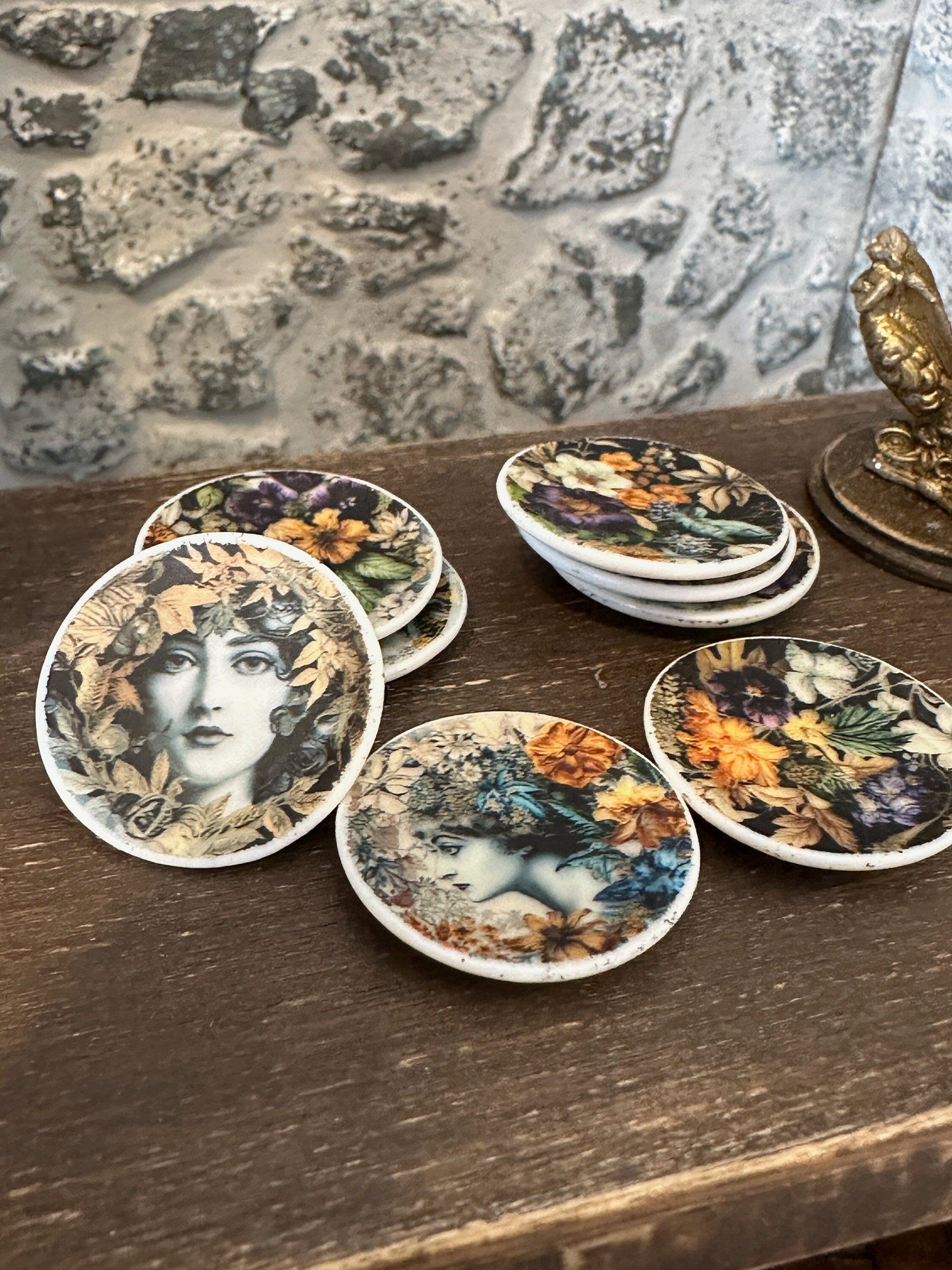 Ceramic Dollhouse 1:12 Scale Plates – ‘Verdant’ Lush Classical Floral Miniatures