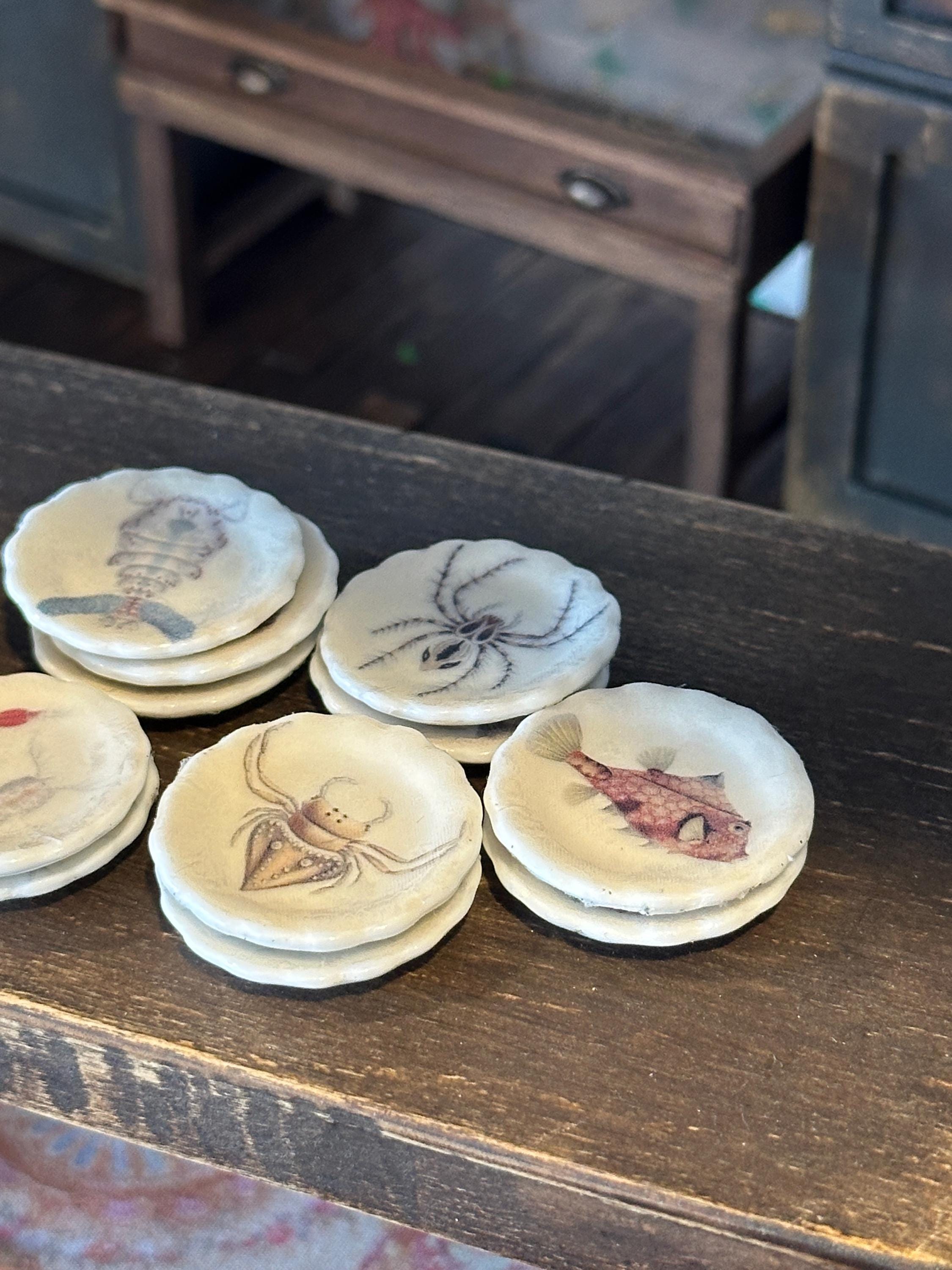 Ceramic Dollhouse 1:12 Scale Plates – 19th Century Ernst Haeckel Naturalist Illustrations Sets 3 and 4