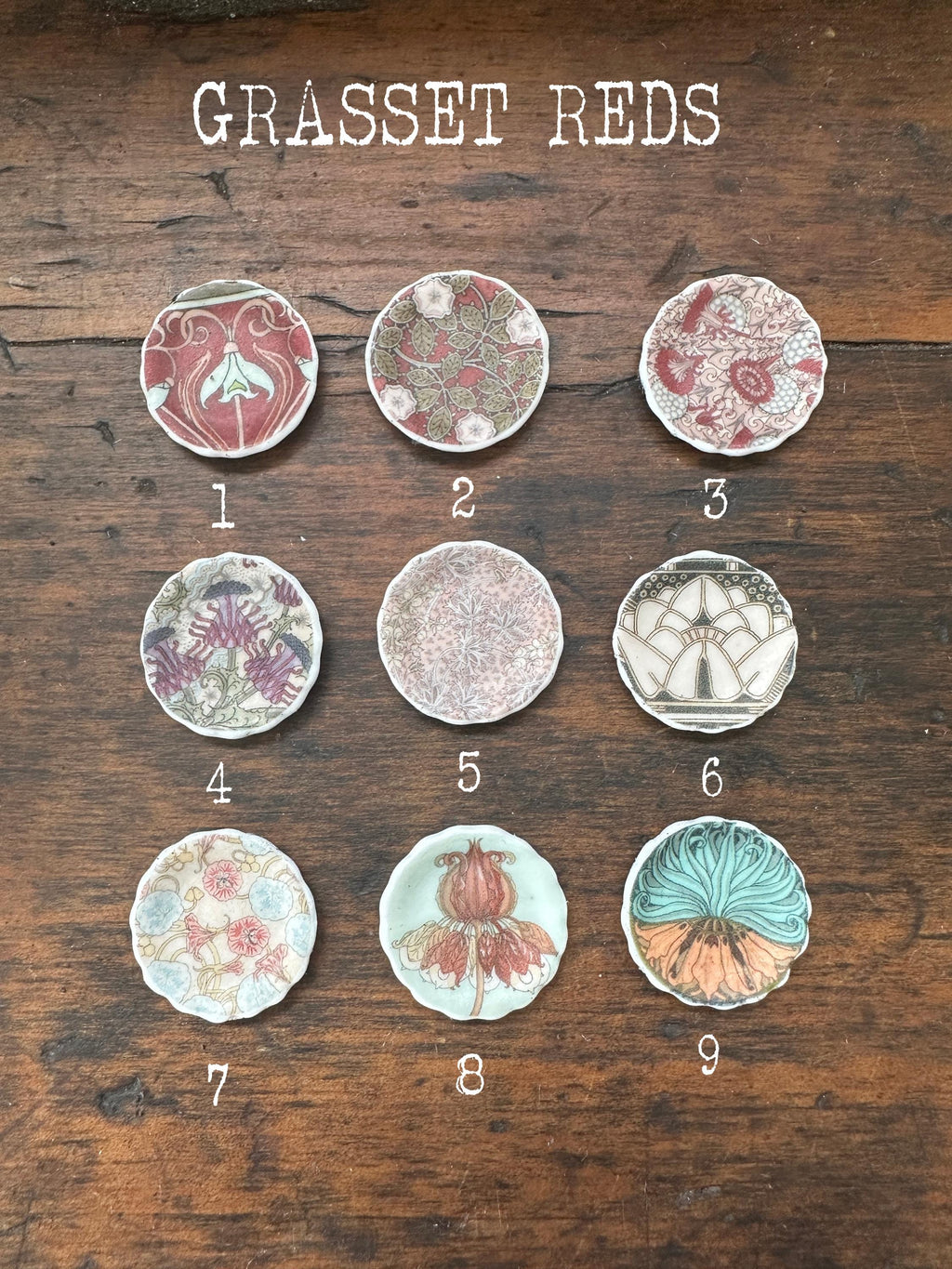 Ceramic Dollhouse 1:12 Scale Plates – 19th Century Eugène Grasset Art Greens and Reds