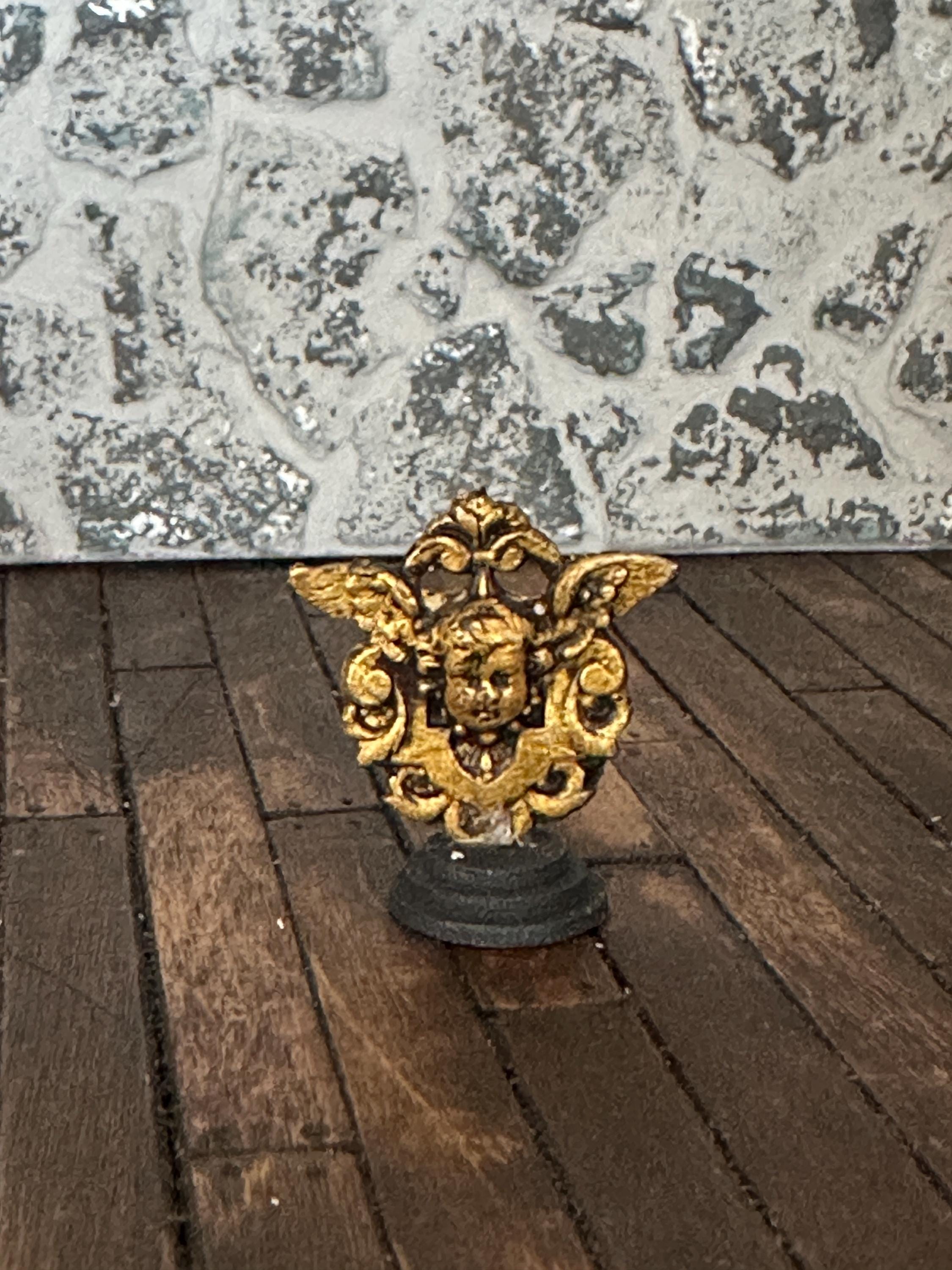 Handmade Miniature Angel Reliquaries – Aged Gilded or Stone Winged Ornaments (1:12 Scale)