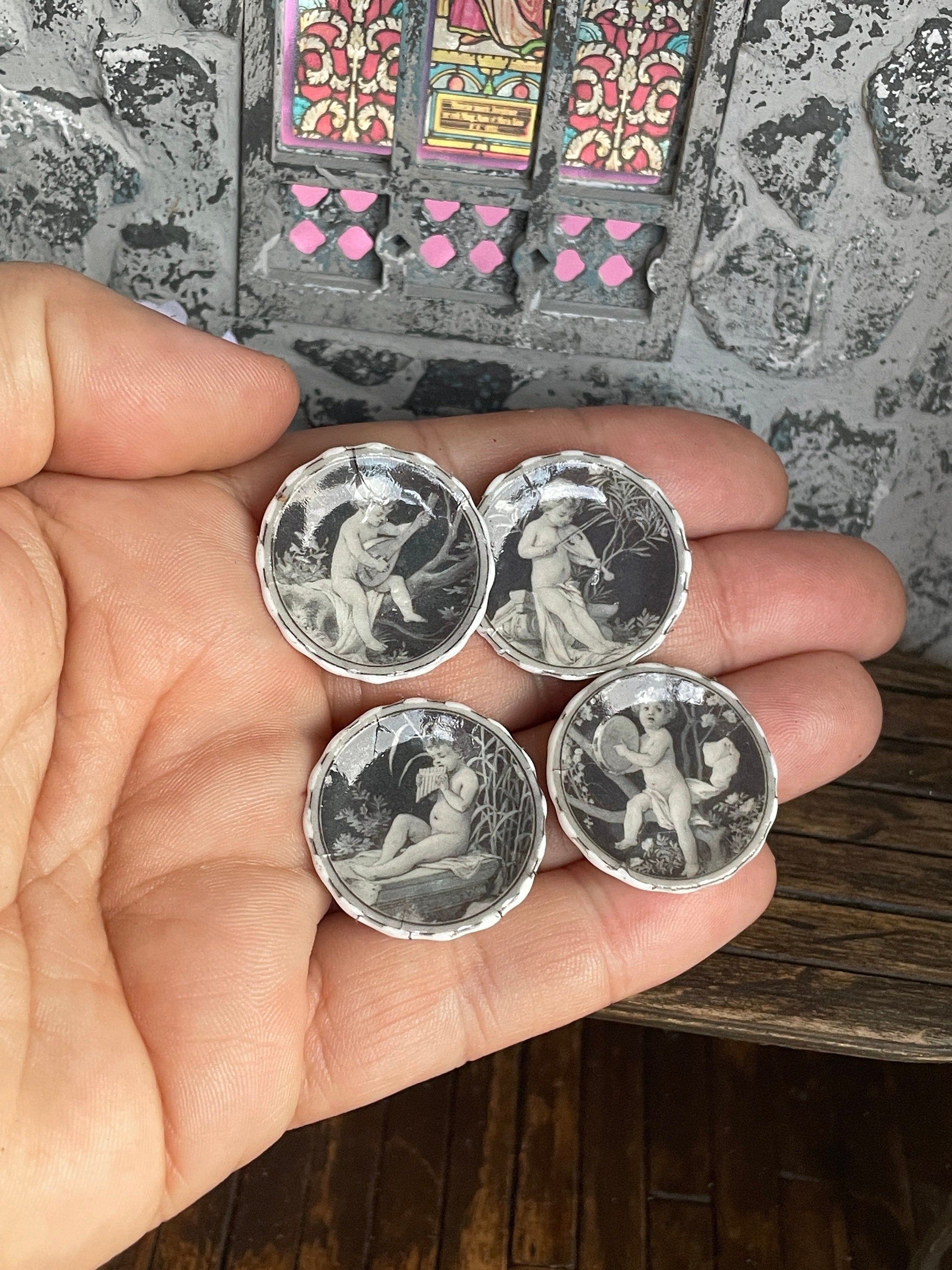 Ceramic Dollhouse 1:12 Scale Plates – Vintage Grisaille Cherubs & Putti Set of Four