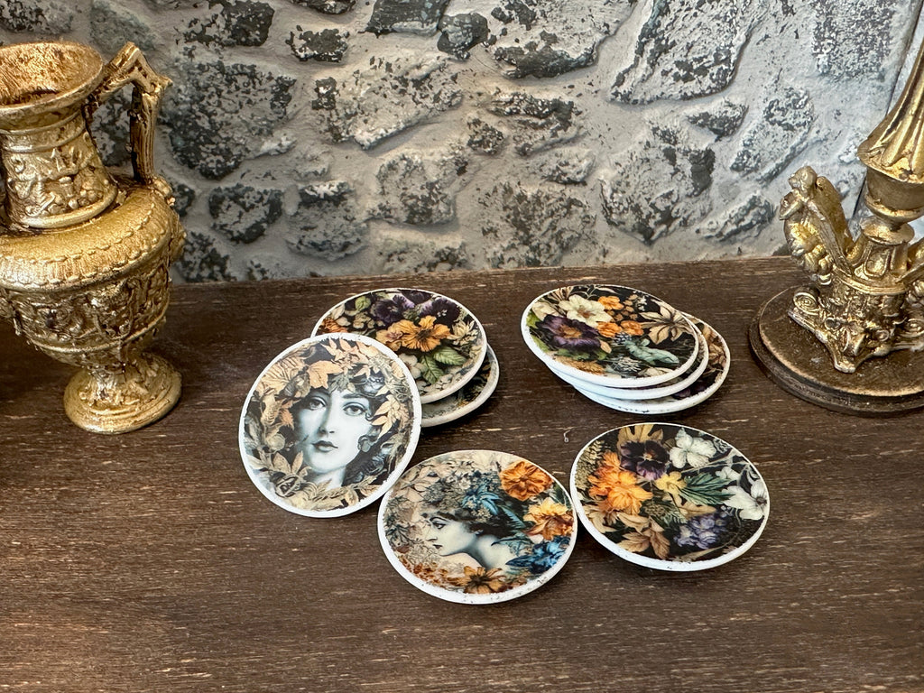 Ceramic Dollhouse 1:12 Scale Plates – ‘Verdant’ Lush Classical Floral Miniatures