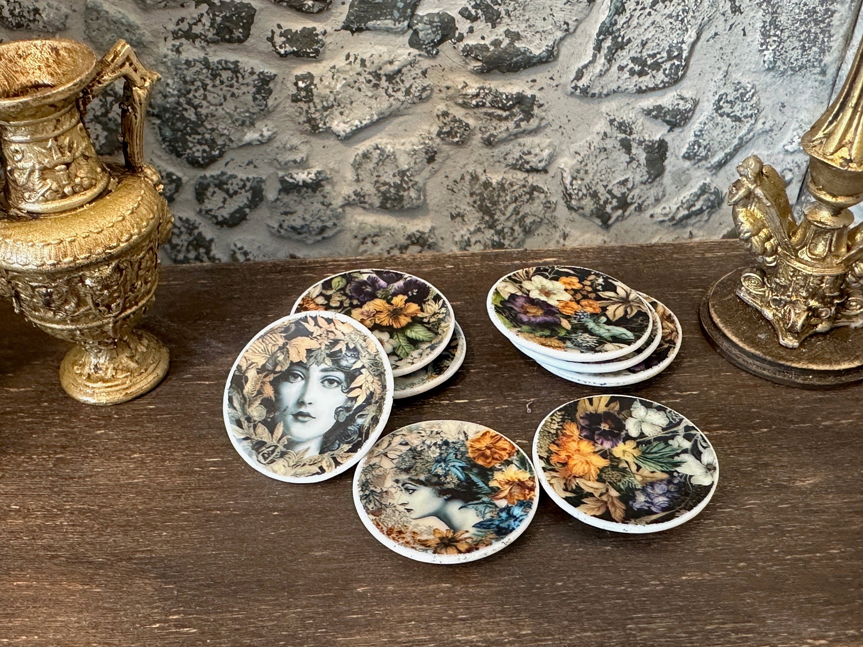 Ceramic Dollhouse 1:12 Scale Plates – ‘Verdant’ Lush Classical Floral Miniatures