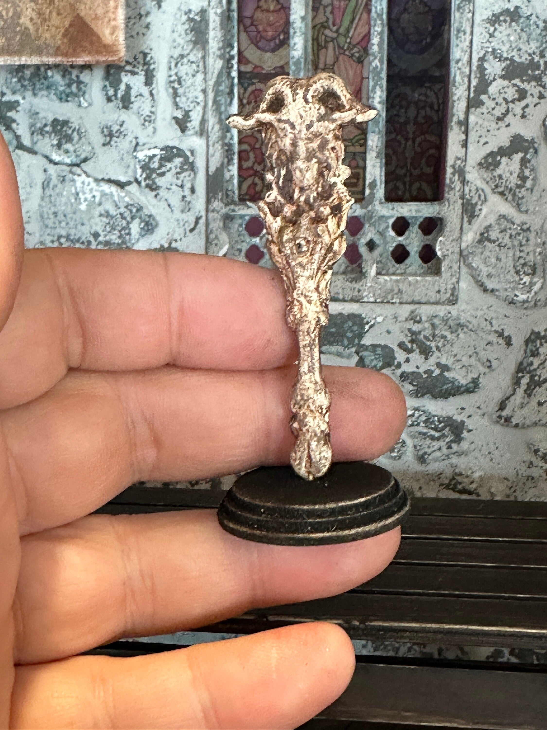 Handmade Miniature Horned Goat Statue – Aged Devil or Satyr Ornament on Stand