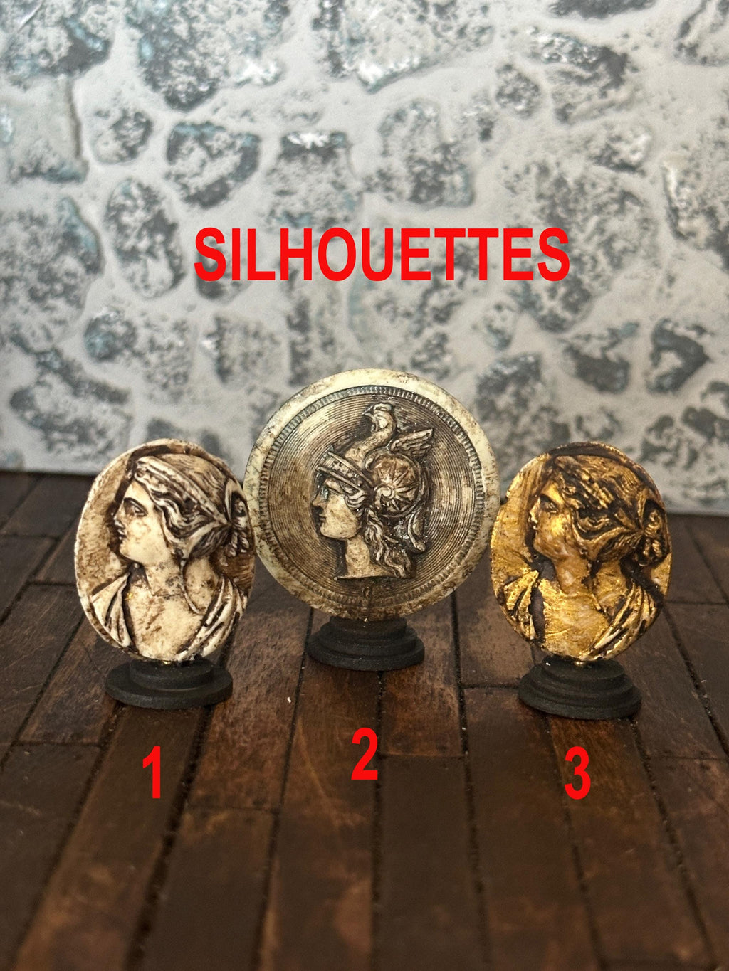 Handmade Miniature Hermes or Classical Woman Cameo – Aged Faux Stone Sculpture on Stand (1:12 Scale)