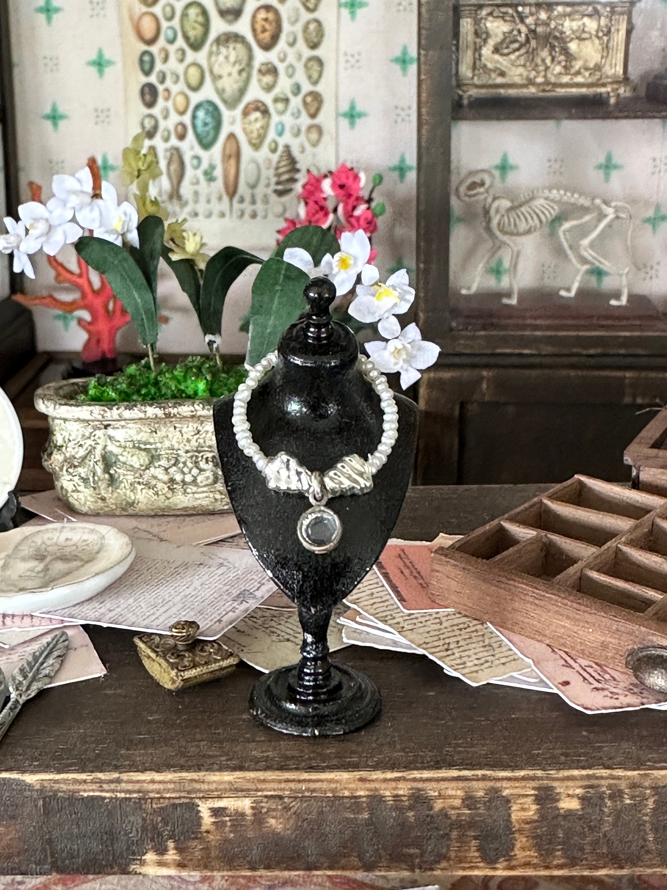 Handmade Miniature Dollhouse Necklace – Seed Pearls, Mercury Glass & Swarovski Crystal