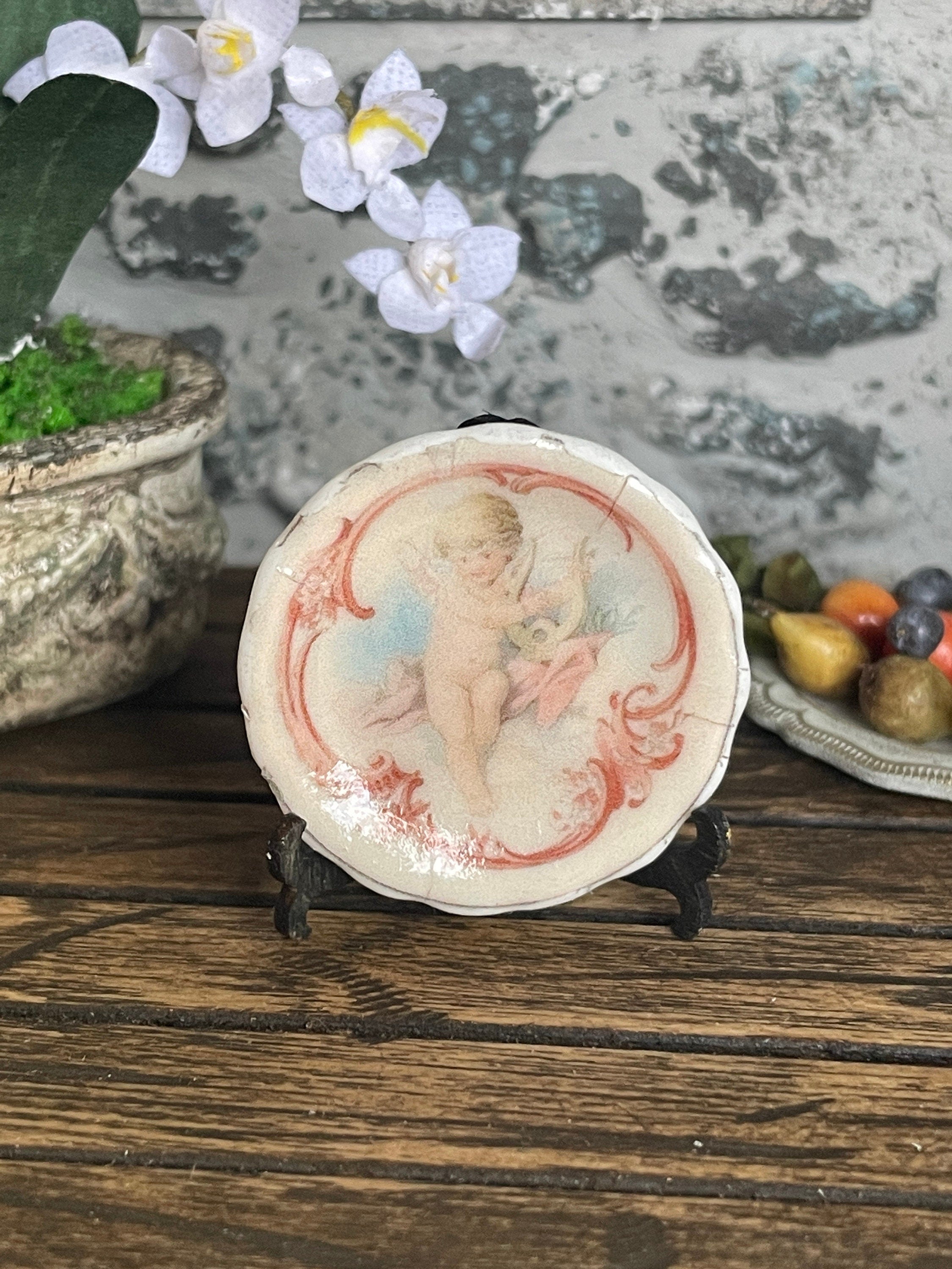 Hand Created Ceramic Dollhouse 1:12 Scale Plates – Set of Four Romantic Belle Époque Cherubs