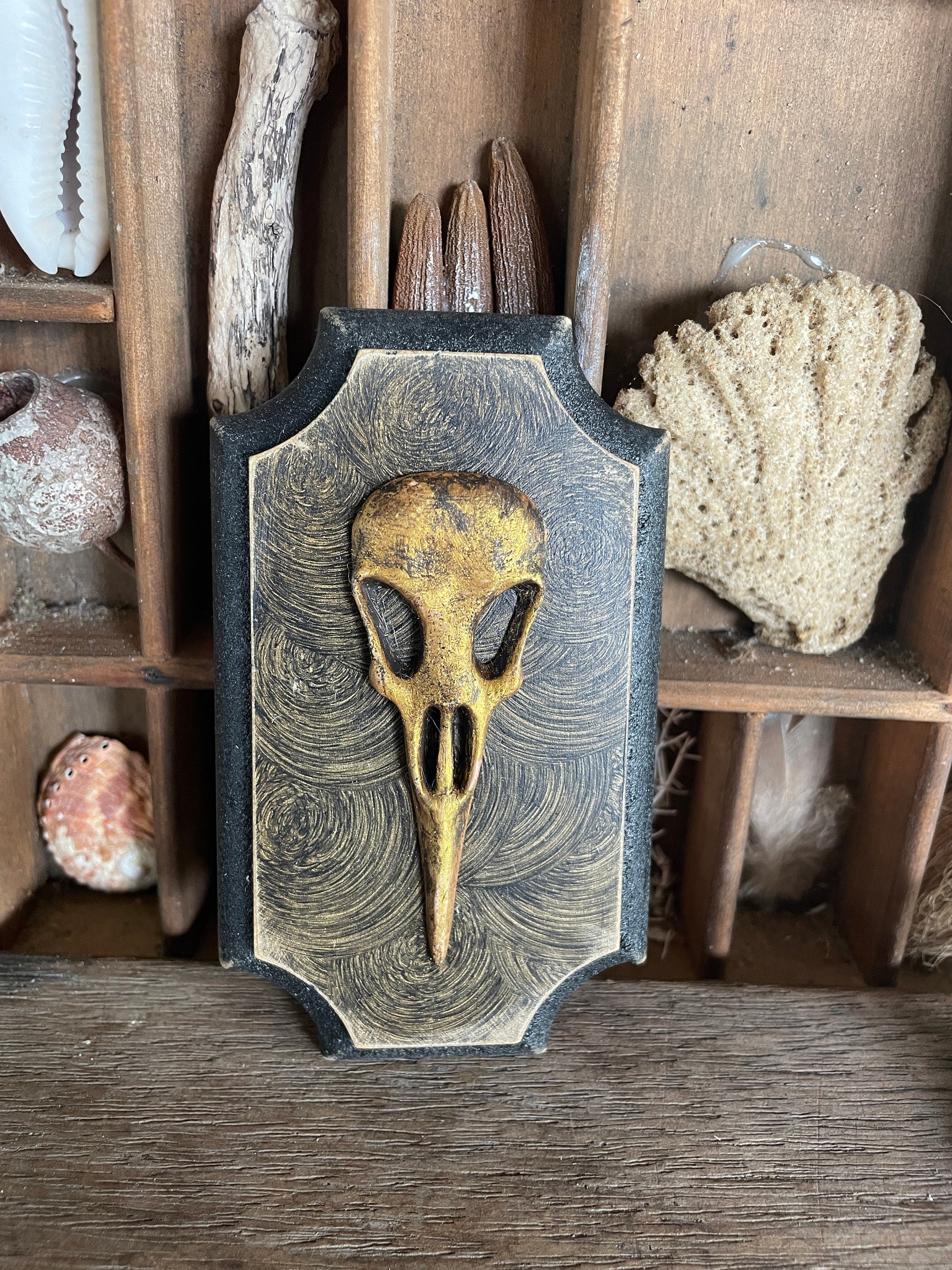 Handmade Miniature Bird Skull Wall Plaque – Aged Gilded Faux Taxidermy