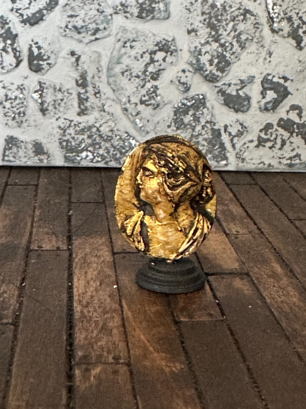 Handmade Miniature Hermes or Classical Woman Cameo – Aged Faux Stone Sculpture on Stand (1:12 Scale)