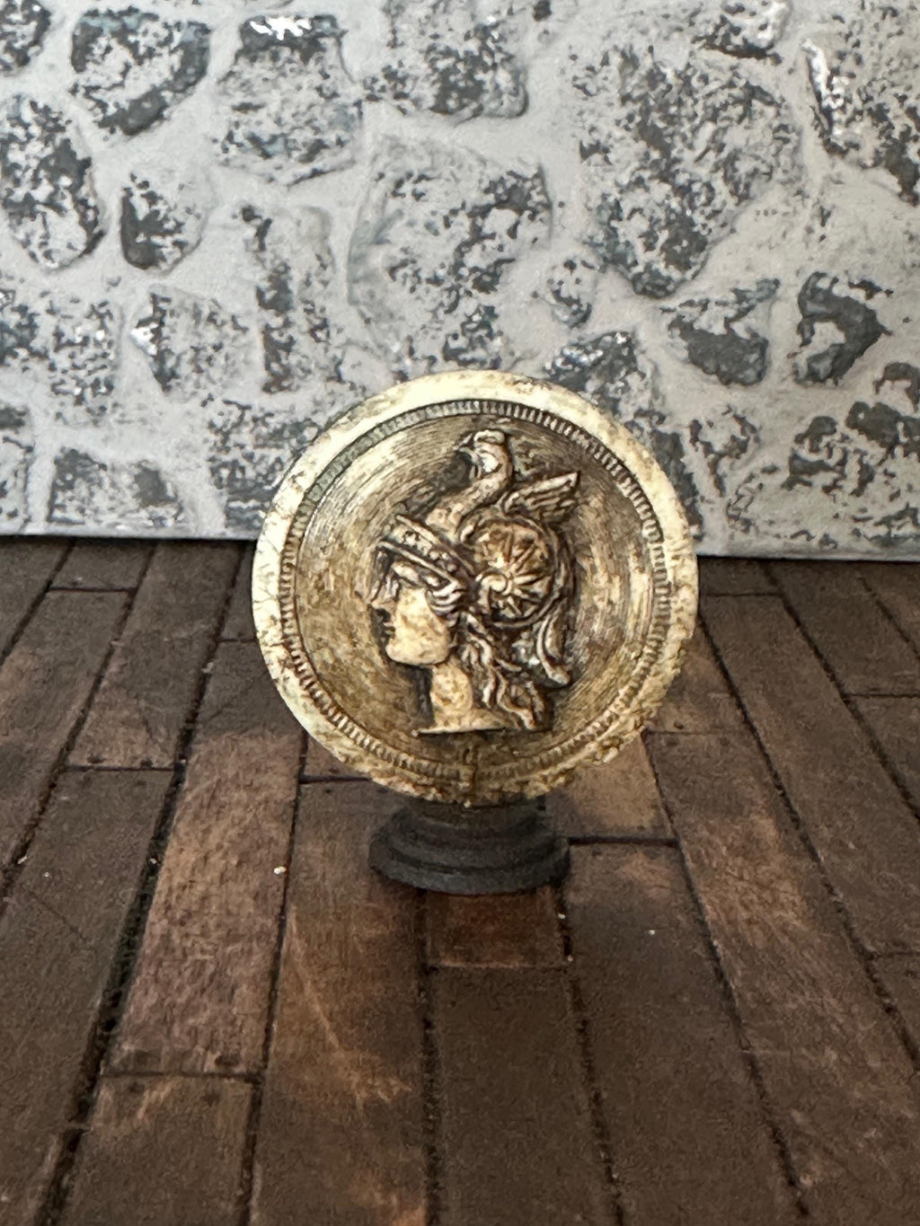 Handmade Miniature Hermes or Classical Woman Cameo – Aged Faux Stone Sculpture on Stand (1:12 Scale)