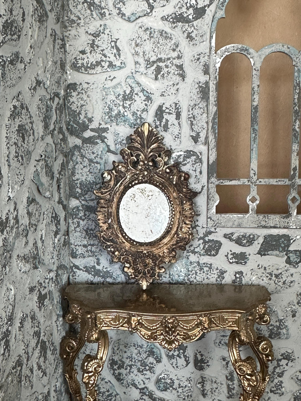 Miniature Dollhouse Ornate Mirror – Baroque Aged Mercury Glass & Wood Finish