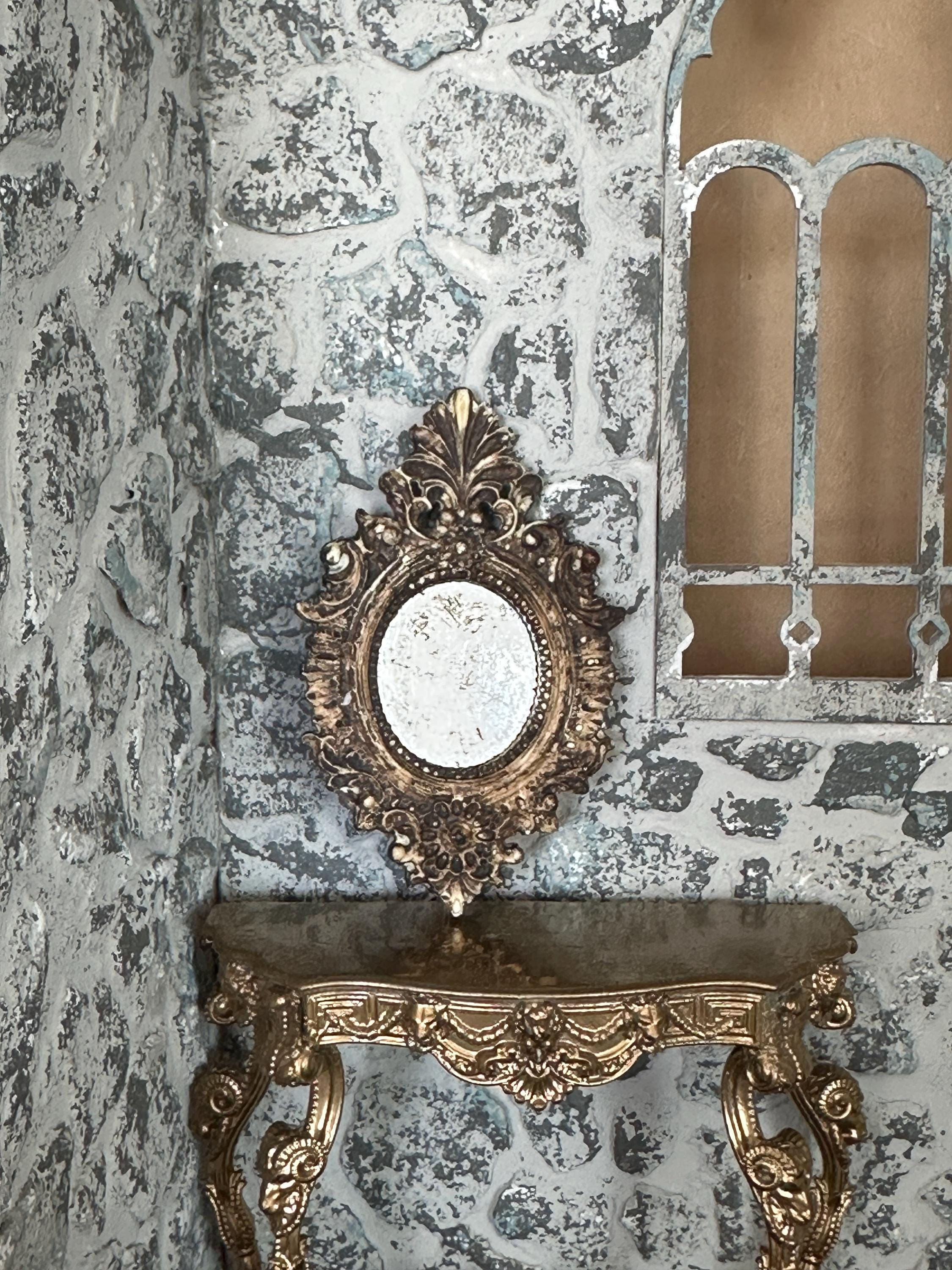 Miniature Dollhouse Ornate Mirror – Baroque Aged Mercury Glass & Wood Finish