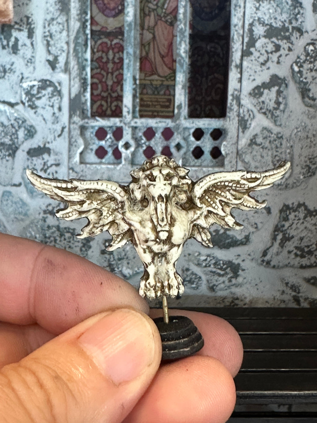 Handmade Dollhouse Miniature Griffin – Aged Winged Lion Statue on Stand