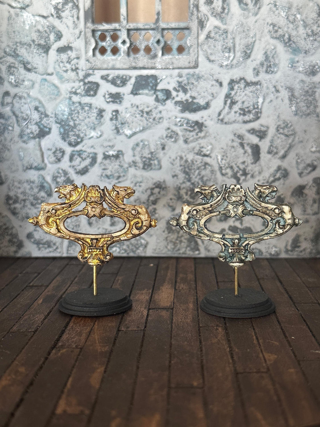 Handmade Miniature Gilded Dragon Griffin – Aged Ornate Sculpture on Stand (1:12 Scale)