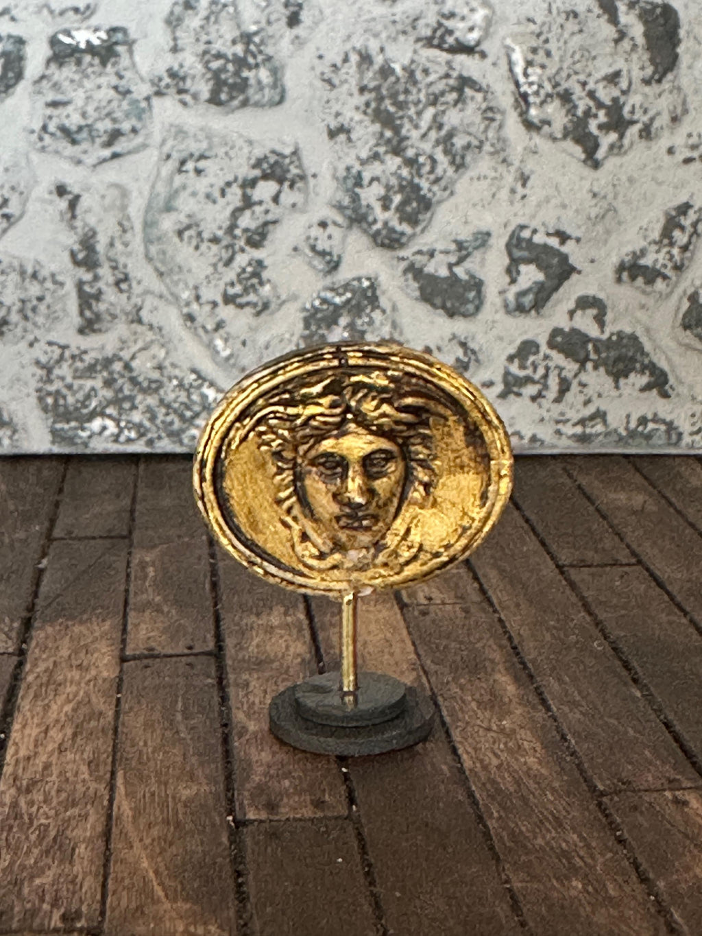 Handmade Doll House Miniature Art Collectors Statue Ornament Aged Grungy Gilded Medusa on Stand