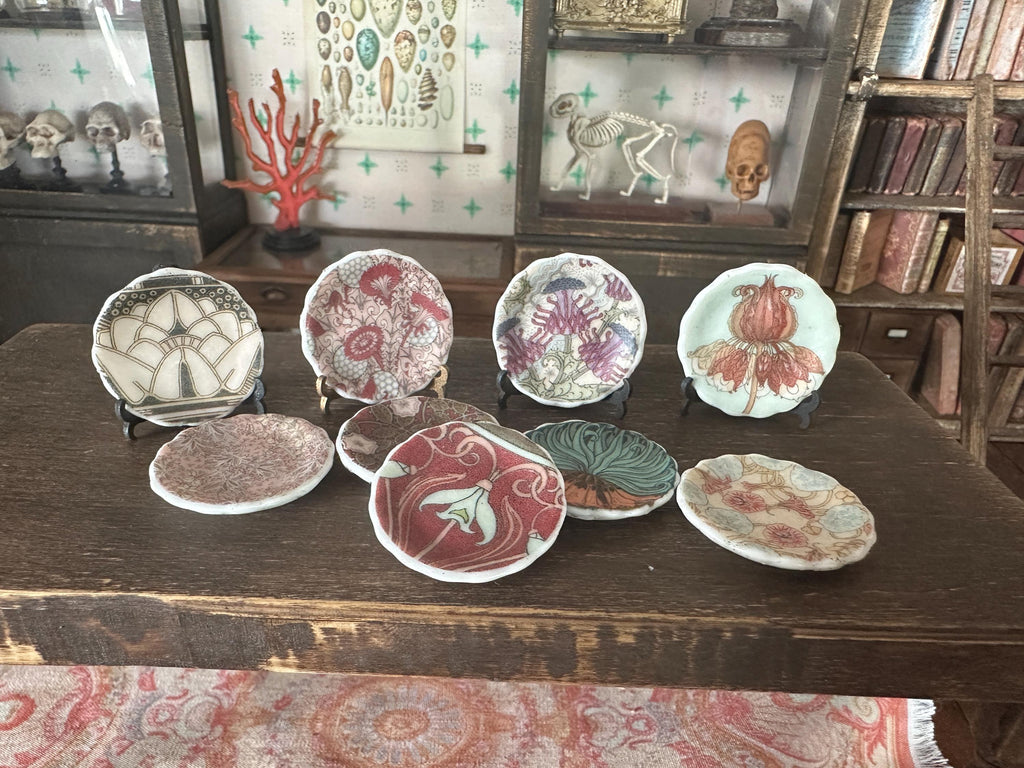 Ceramic Dollhouse 1:12 Scale Plates – 19th Century Eugène Grasset Art Greens and Reds