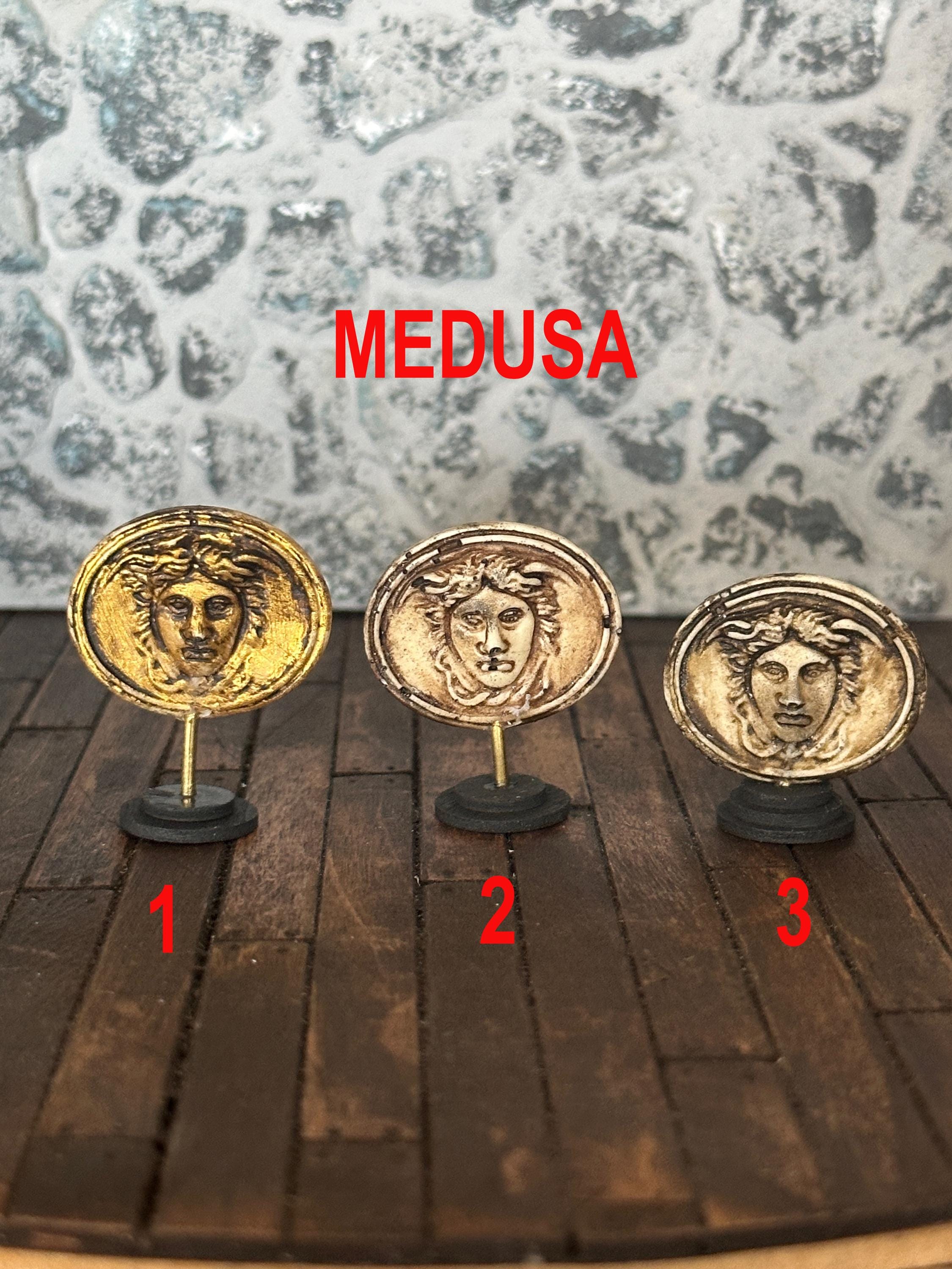 Handmade Doll House Miniature Art Collectors Statue Ornament Aged Grungy Gilded Medusa on Stand