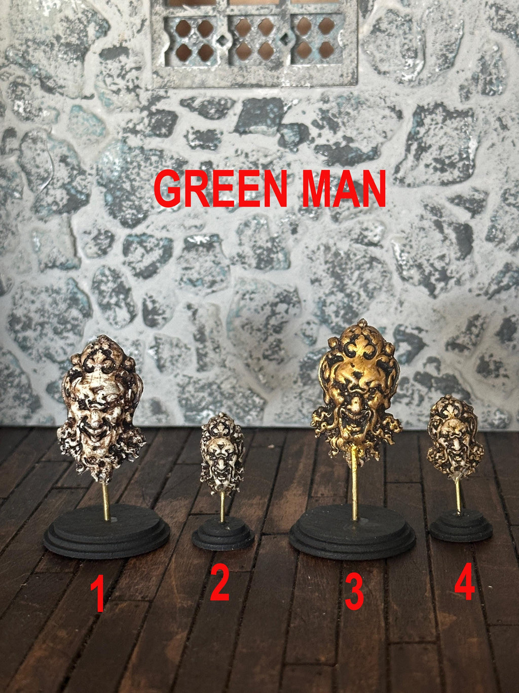 Handmade Doll House Miniature Art Collectors Statue Ornament Aged Grungy Green Man Nymph Devil on Stand Two Sizes Four
