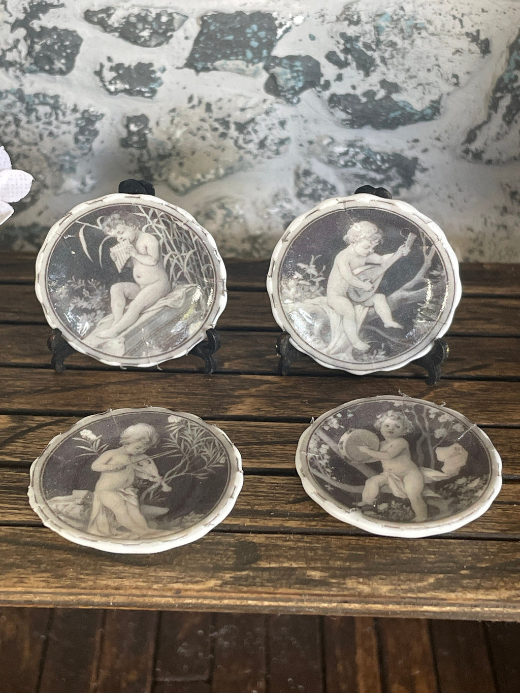 Ceramic Dollhouse 1:12 Scale Plates – Vintage Grisaille Cherubs & Putti Set of Four