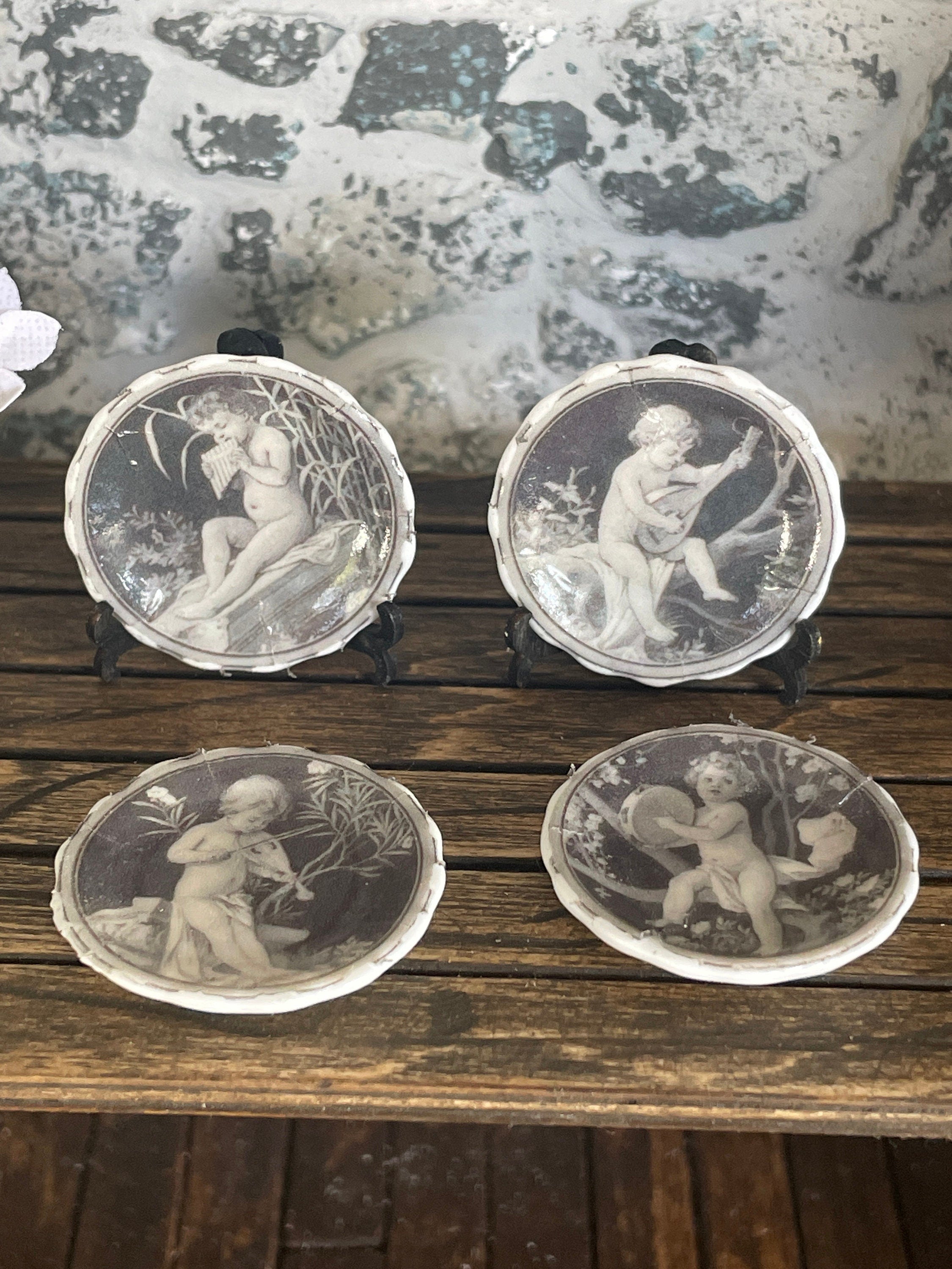 Ceramic Dollhouse 1:12 Scale Plates – Vintage Grisaille Cherubs & Putti Set of Four