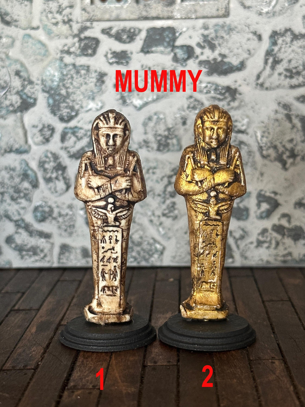 Handmade Miniature Egyptian Mummy Case – Aged Gilded & Stone Collectors Statue (1:12 Scale)