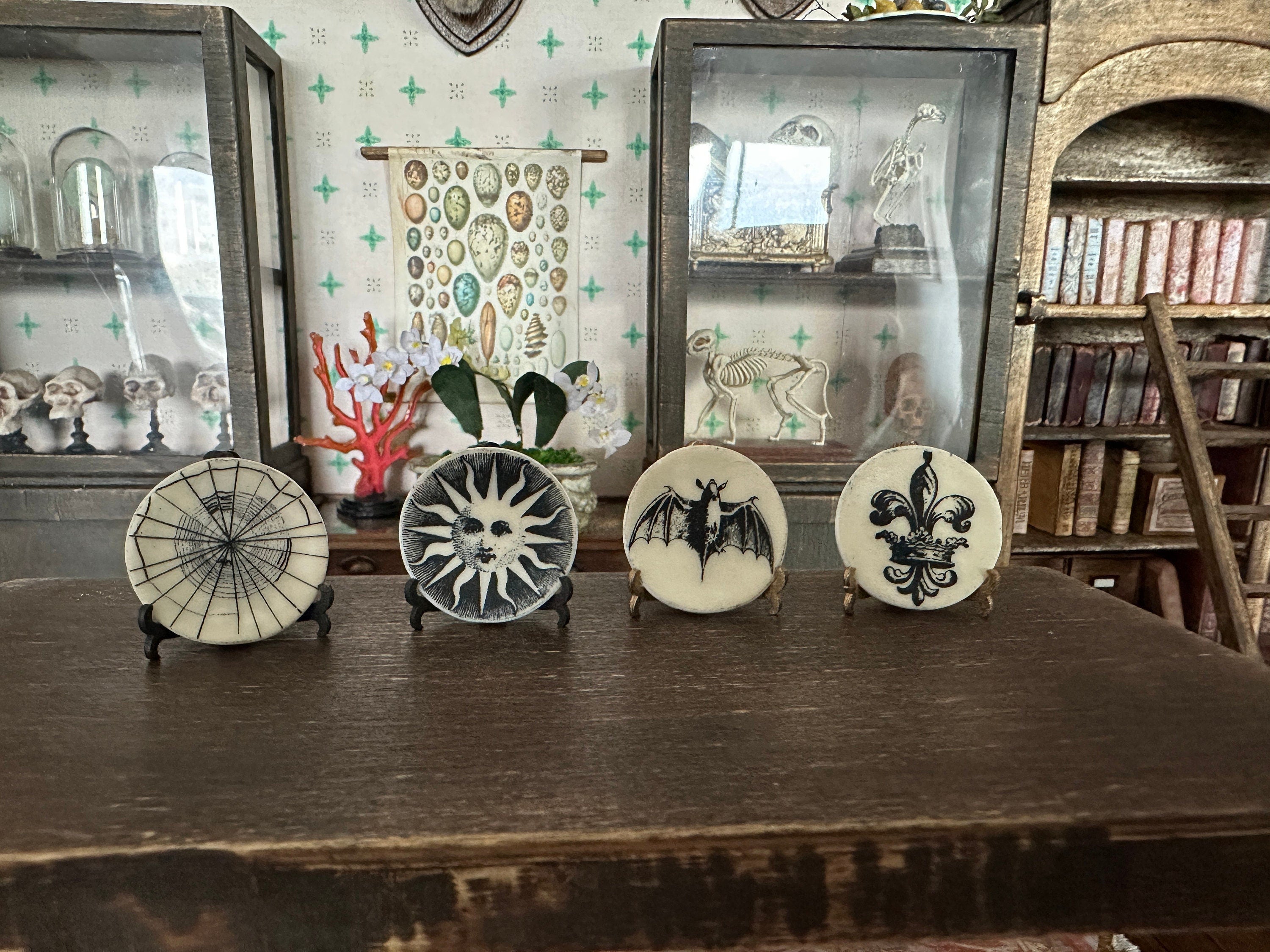 Ceramic Dollhouse 1:12 Scale Plates – Spooky Halloween Macabre Miniatures