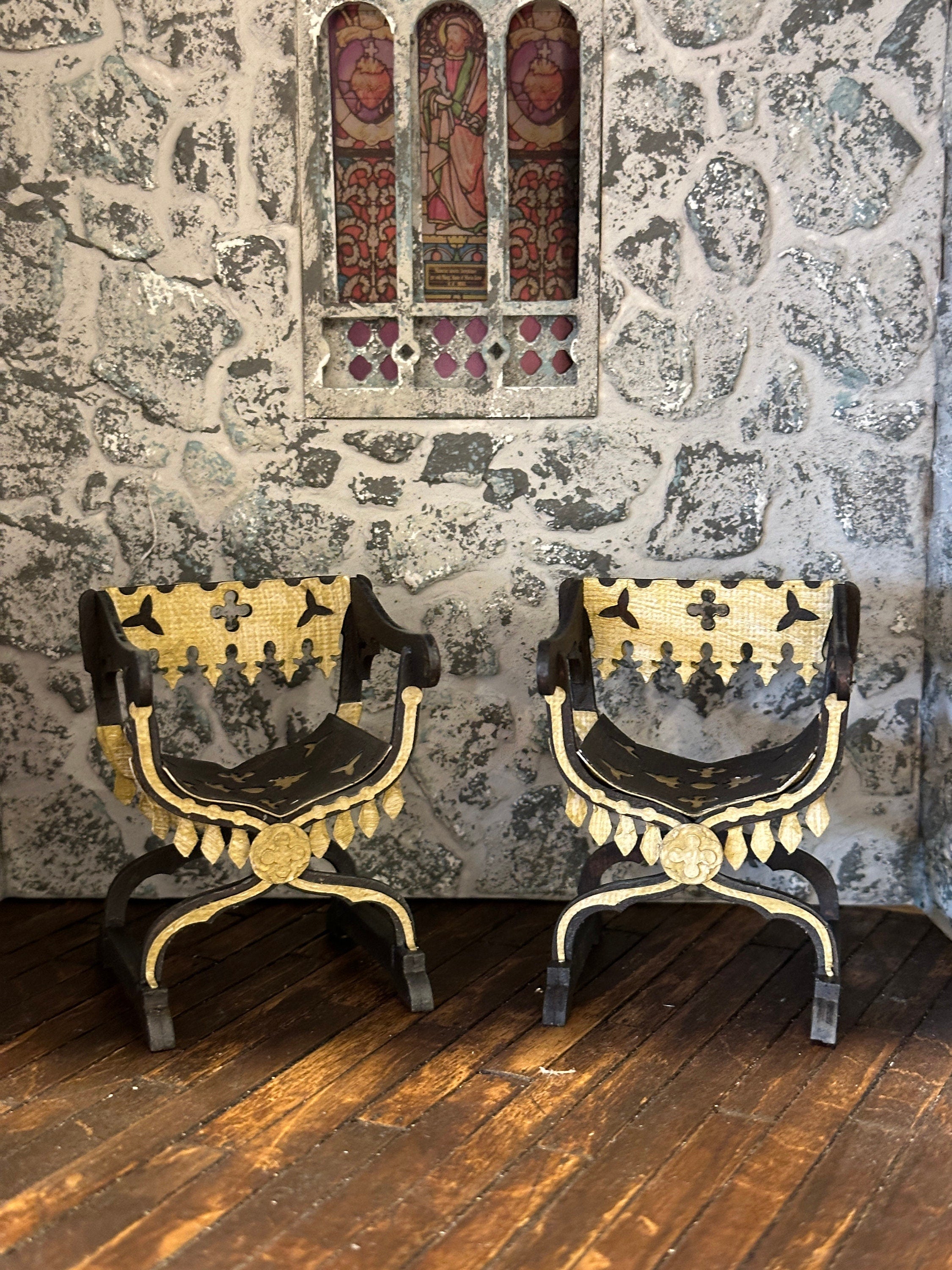 Handmade Dollhouse Miniature Gothic X-Chair – Medieval Curule Seat