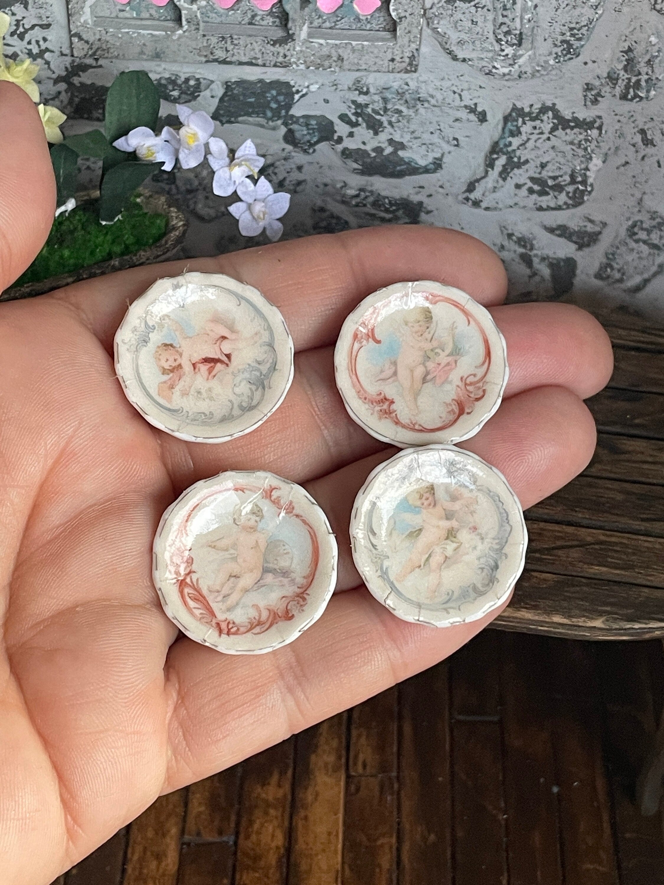 Hand Created Ceramic Dollhouse 1:12 Scale Plates – Set of Four Romantic Belle Époque Cherubs