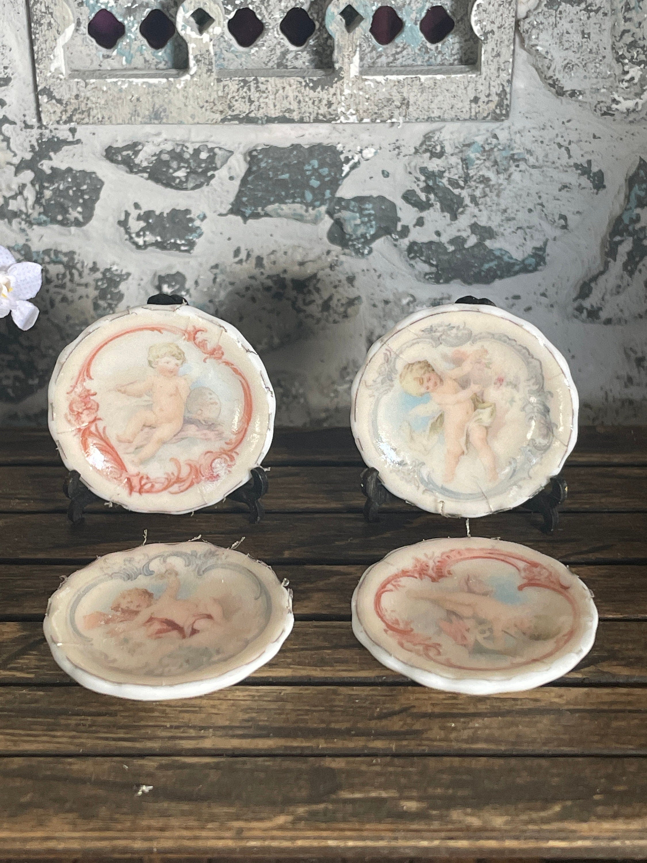 Hand Created Ceramic Dollhouse 1:12 Scale Plates – Set of Four Romantic Belle Époque Cherubs