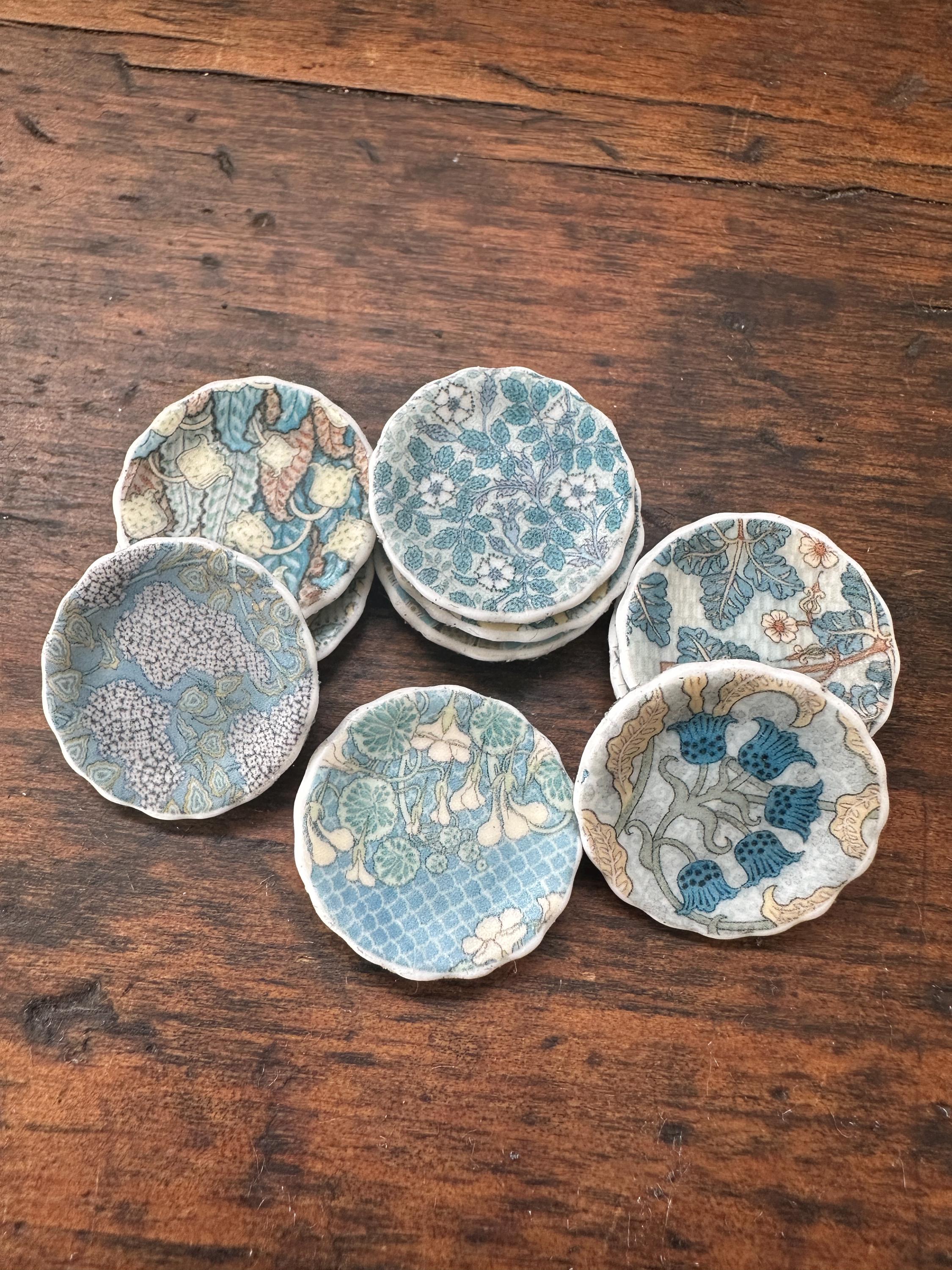 Ceramic Dollhouse 1:12 Scale Plates – 19th Century Eugène Grasset Art Blues & Yellows